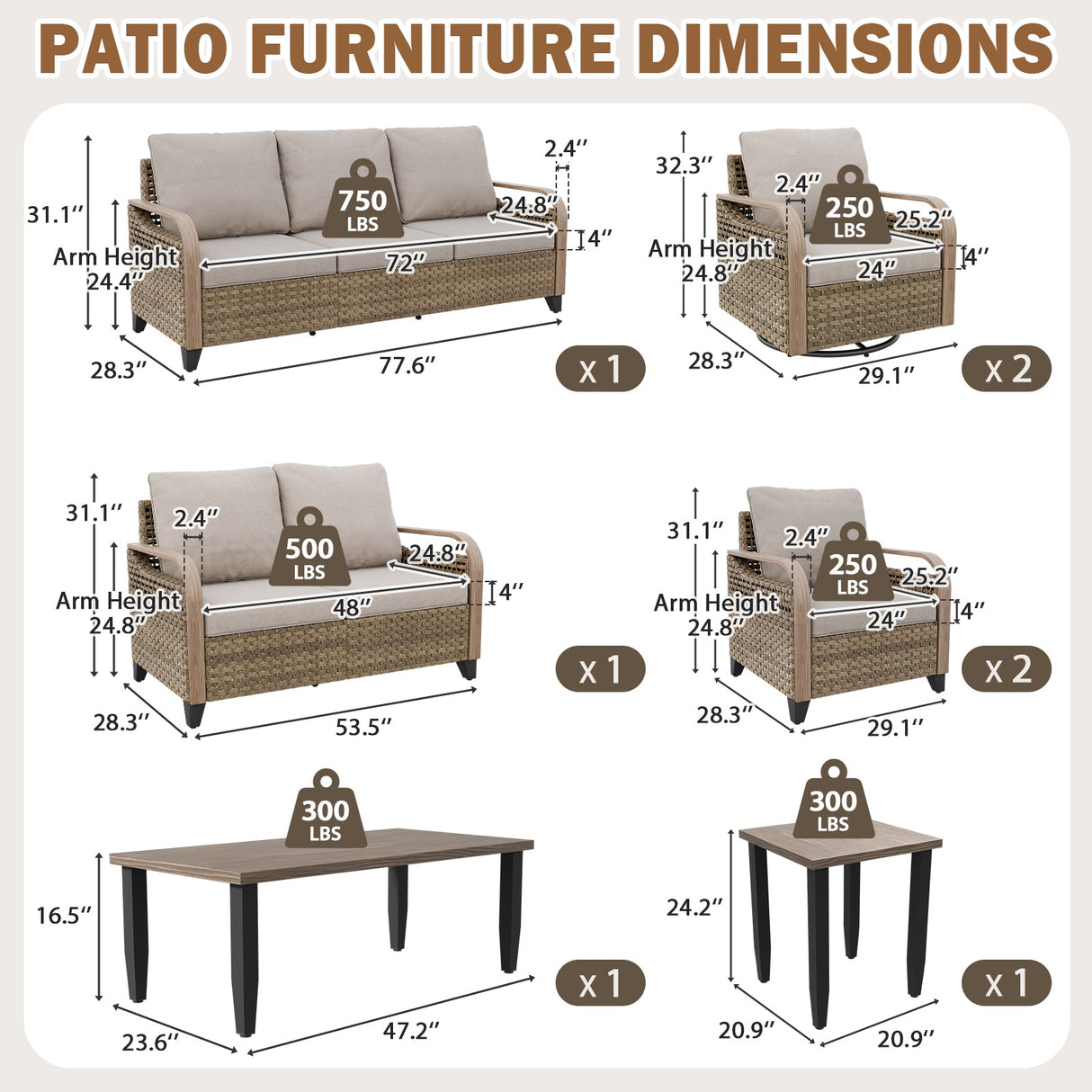 Modern Wicker Outdoor Patio Furniture Set, 2 Patio Chairs, 2 Swivel Rocker Chairs, 3-Seat Sofa, Loveseat, Coffee Table and Side Table, 8 Pieces, Brown/Gray - Eagle Peak®