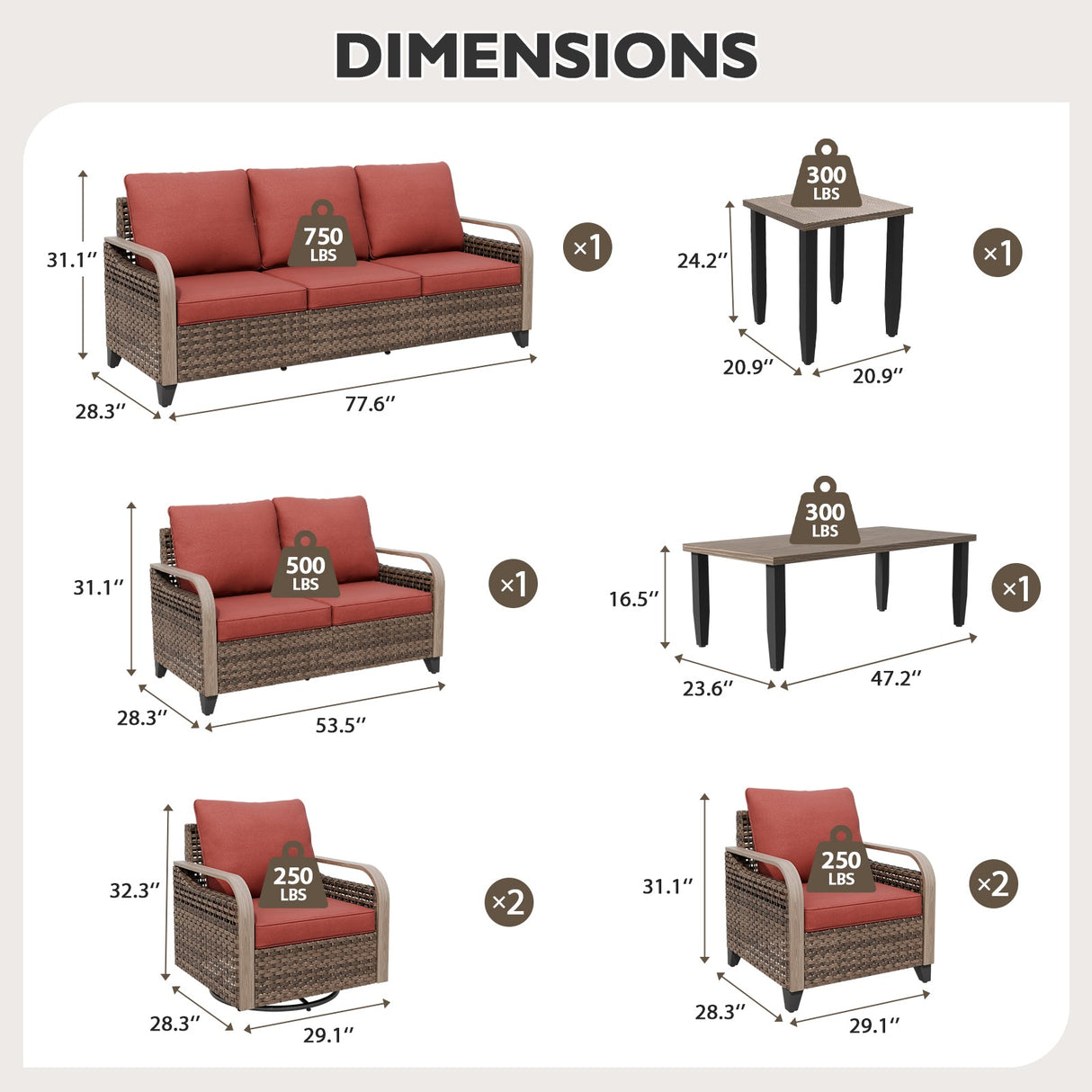 Modern Wicker Outdoor Patio Furniture Set, 2 Patio Chairs, 2 Swivel Rocker Chairs, 3 - Seat Sofa, Loveseat, Coffee Table and Side Table, 8 Pieces, Brown/Gray - Eagle Peak Custom Canopy Tent