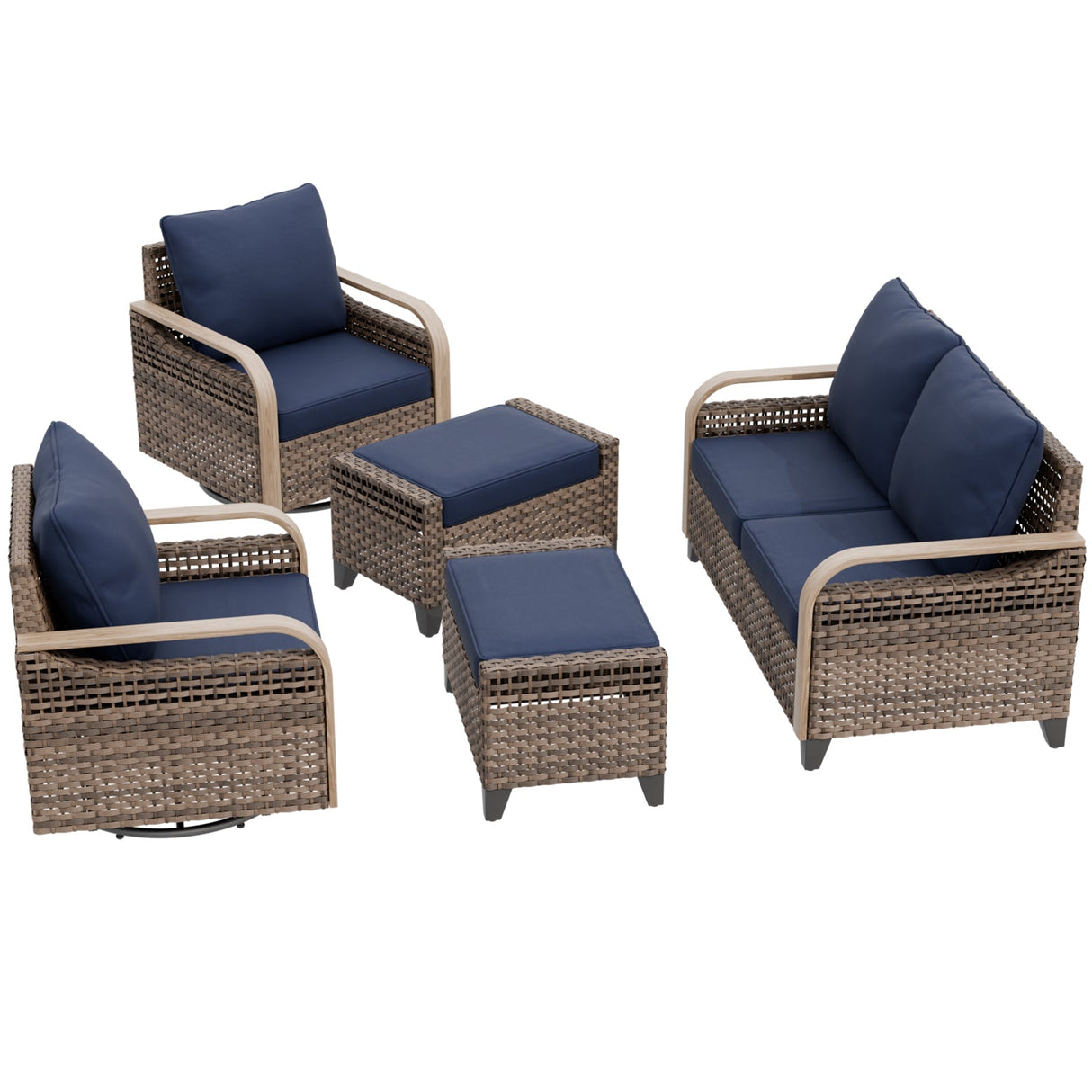 Modern Wicker Outdoor Patio Furniture Set, 5 Pieces, 2 Swivel Rocking Chairs, 2-Seat Loveseat and 2 Ottomans - Eagle Peak®