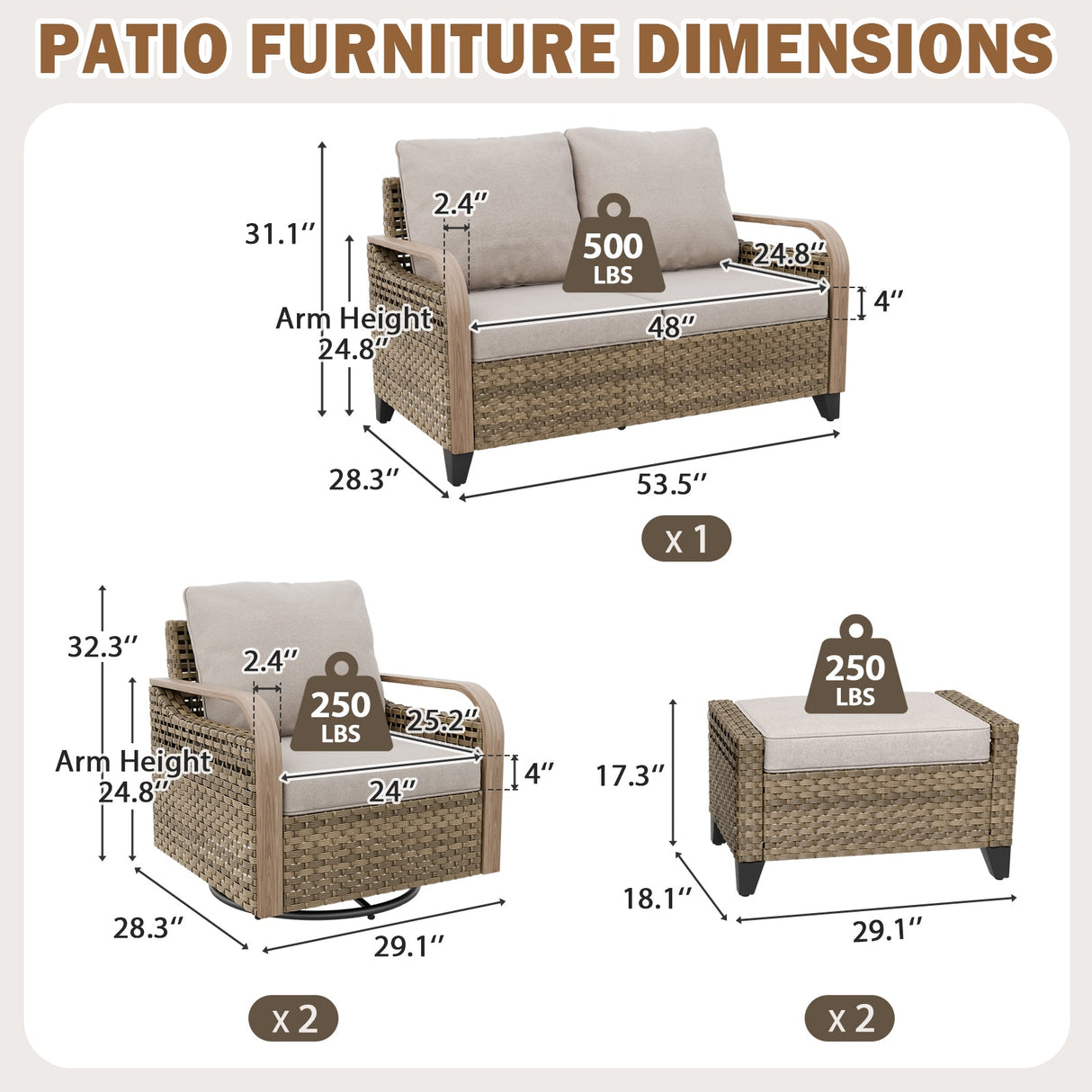 Modern Wicker Outdoor Patio Furniture Set, 5 Pieces, 2 Swivel Rocking Chairs, 2-Seat Loveseat and 2 Ottomans - Eagle Peak®