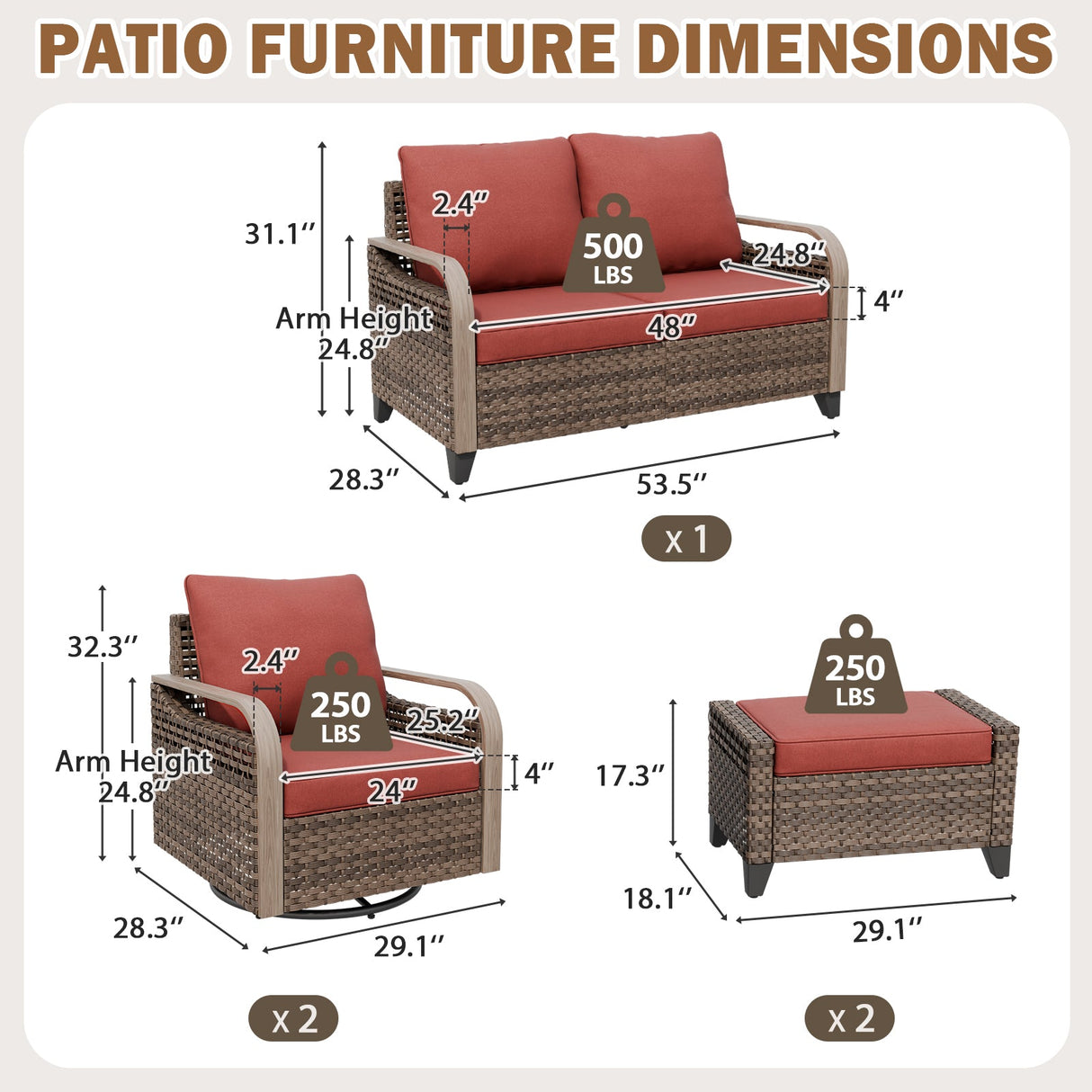Modern Wicker Outdoor Patio Furniture Set, 5 Pieces, 2 Swivel Rocking Chairs, 2-Seat Loveseat and 2 Ottomans - Eagle Peak®