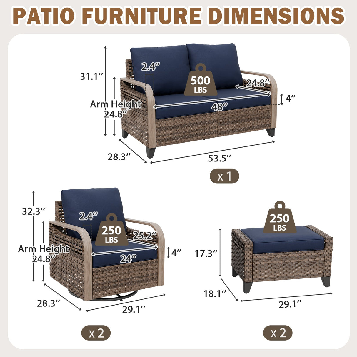 Modern Wicker Outdoor Patio Furniture Set, 5 Pieces, 2 Swivel Rocking Chairs, 2-Seat Loveseat and 2 Ottomans - Eagle Peak®