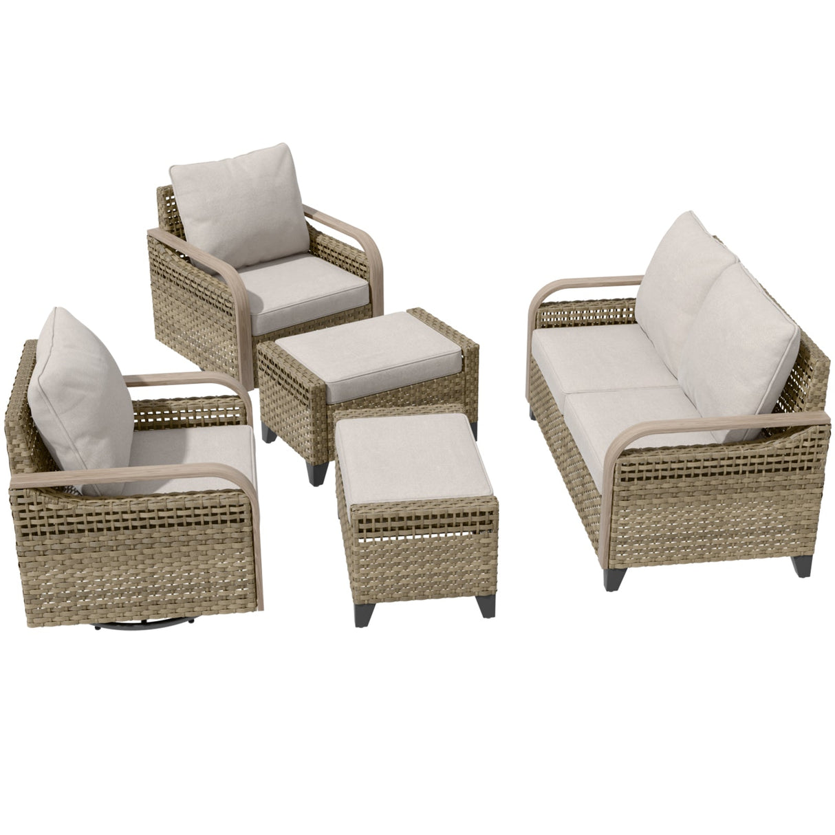 Modern Wicker Outdoor Patio Furniture Set, 5 Pieces, 2 Swivel Rocking Chairs, 2-Seat Loveseat and 2 Ottomans - Eagle Peak®