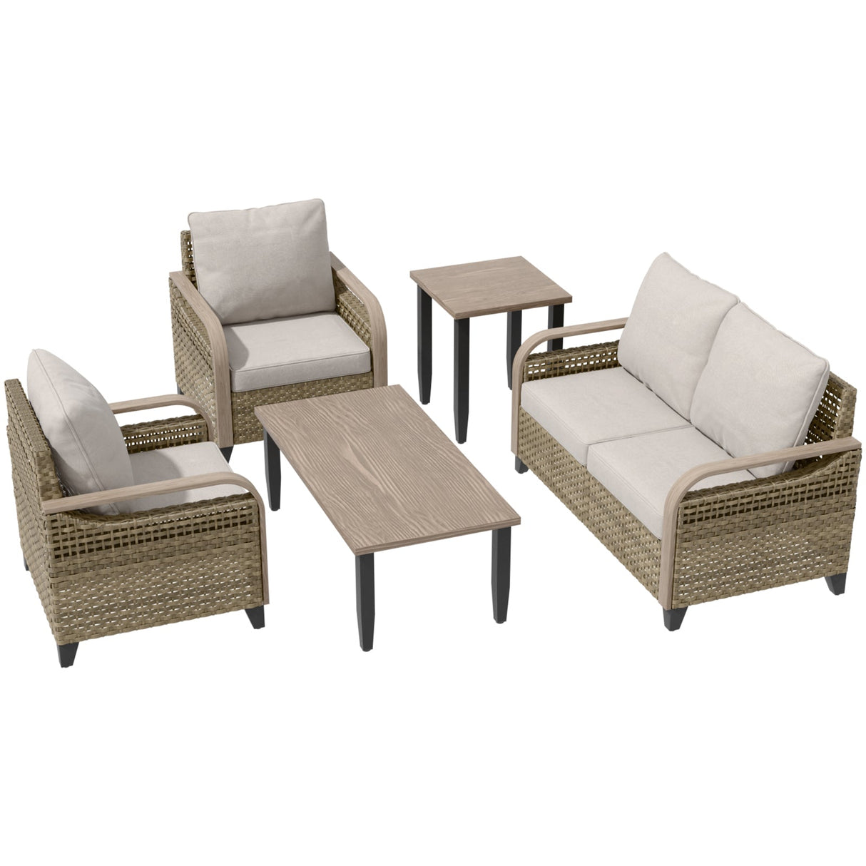 Modern Wicker Outdoor Patio Furniture Set,2 Patio Chairs, 2-Seat Loveseat, Coffee Table and Side Table, 5 Pieces, Brown/Gray - Eagle Peak®