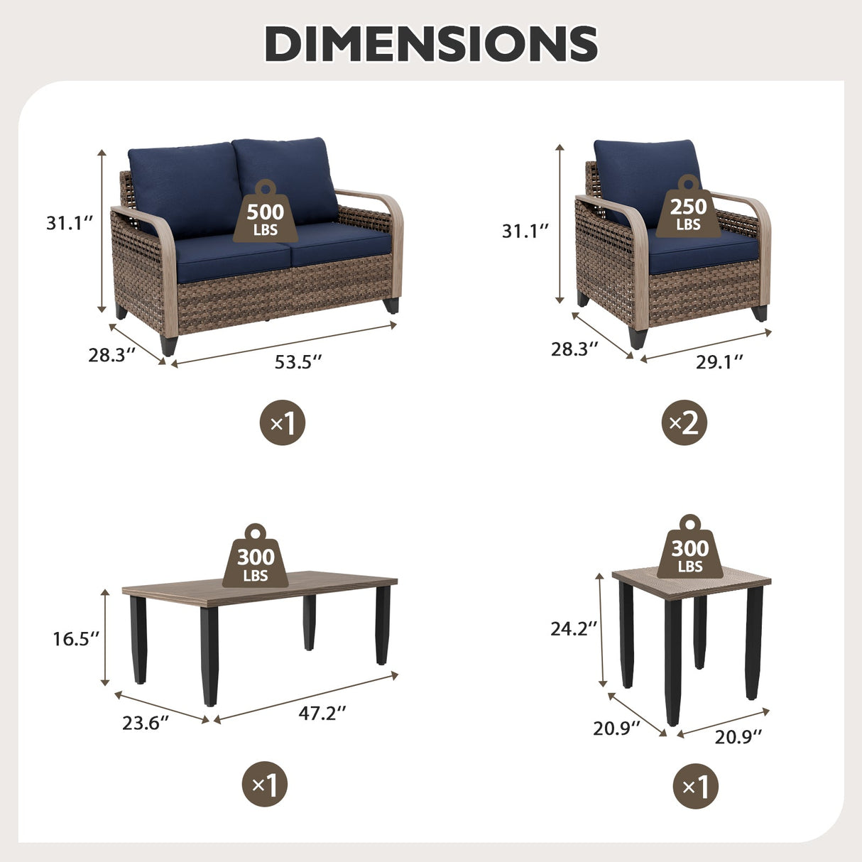 Modern Wicker Outdoor Patio Furniture Set,2 Patio Chairs, 2 - Seat Loveseat, Coffee Table and Side Table, 5 Pieces, Brown/Gray - Eagle Peak Custom Canopy Tent