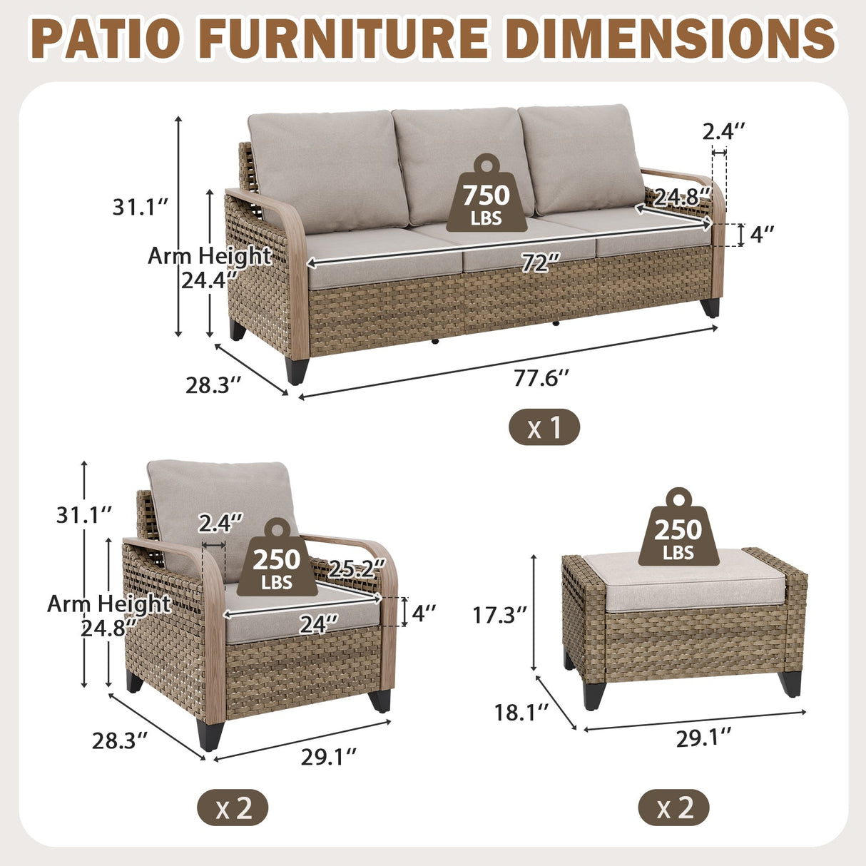 Modern Wicker Outdoor Patio Furniture Set,2 Patio Chairs, 3-Seat Loveseat and 2 Ottomans, 5 Pieces, Brown/Gray - Eagle Peak®