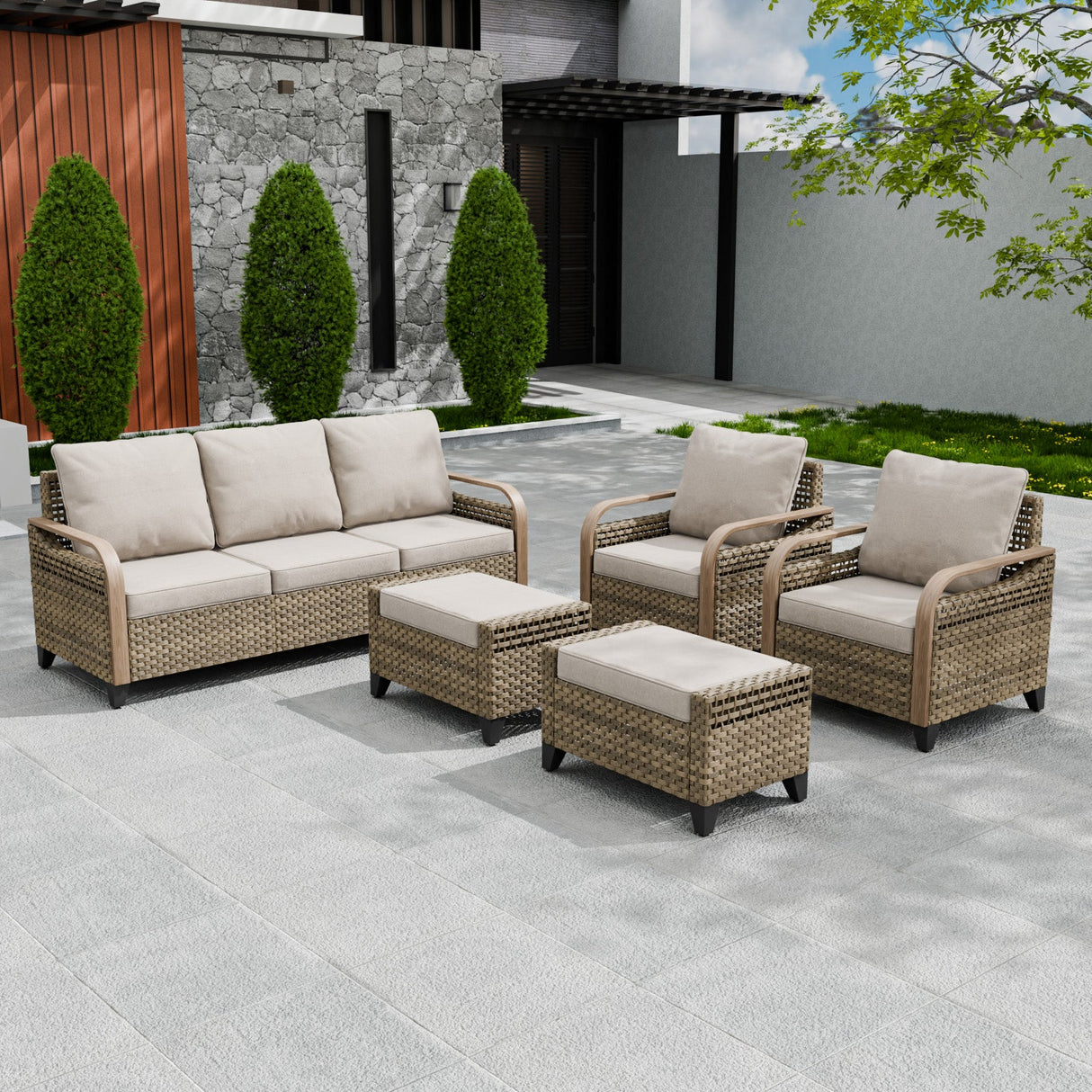 Modern Wicker Outdoor Patio Furniture Set,2 Patio Chairs, 3-Seat Loveseat and 2 Ottomans, 5 Pieces, Brown/Gray - Eagle Peak®