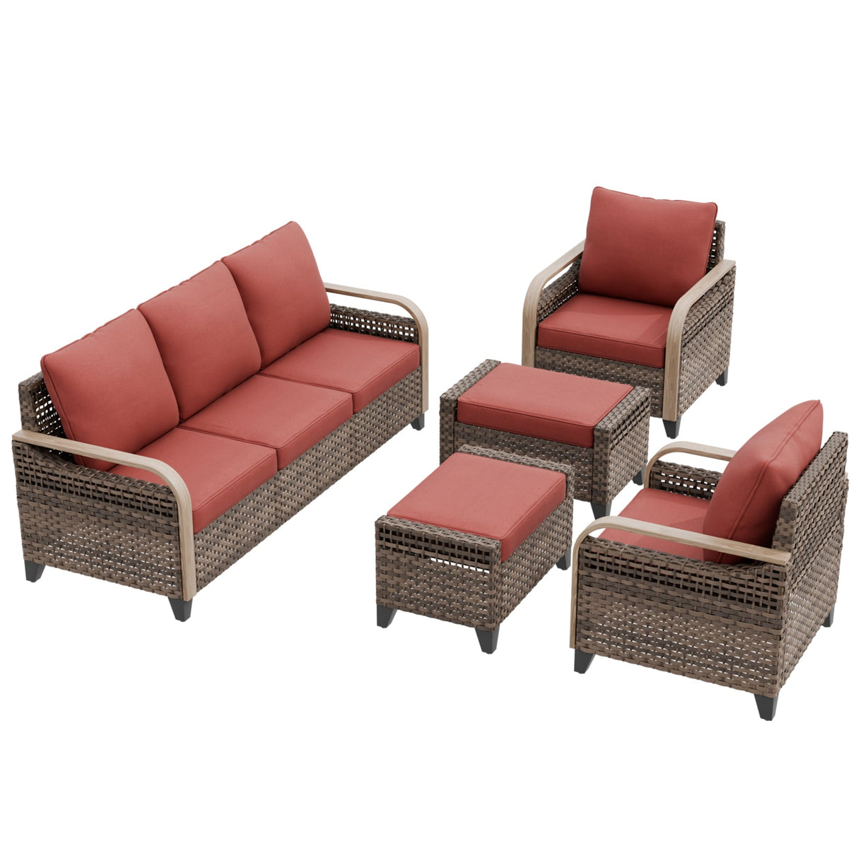 Modern Wicker Outdoor Patio Furniture Set,2 Patio Chairs, 3-Seat Loveseat and 2 Ottomans, 5 Pieces, Brown/Gray - Eagle Peak®