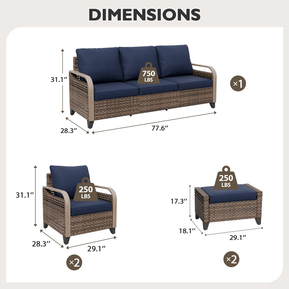 Modern Wicker Outdoor Patio Furniture Set,2 Patio Chairs, 3 - Seat Loveseat and 2 Ottomans, 5 Pieces, Brown/Gray - Eagle Peak Custom Canopy Tent