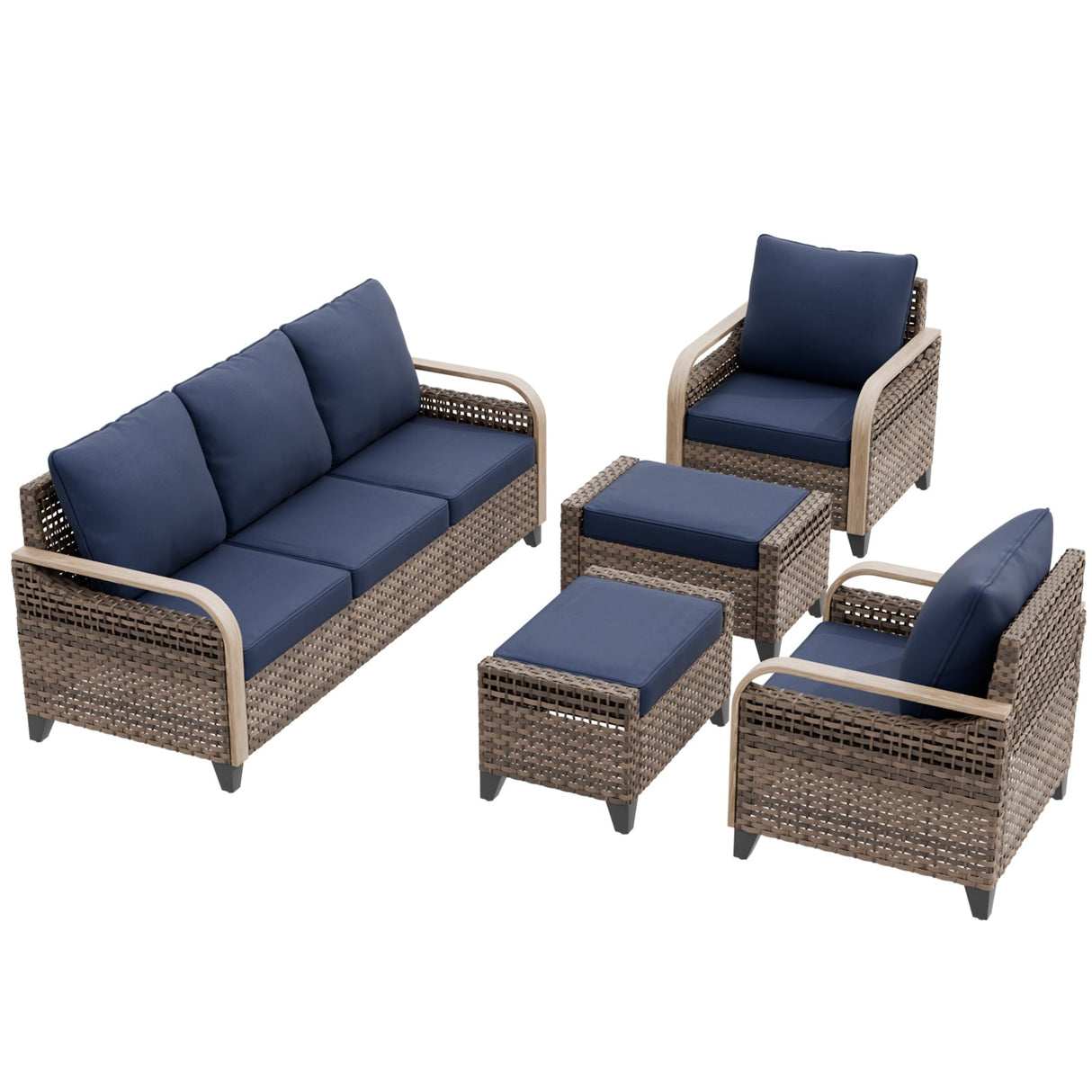 Modern Wicker Outdoor Patio Furniture Set,2 Patio Chairs, 3-Seat Loveseat and 2 Ottomans, 5 Pieces, Brown/Gray - Eagle Peak®