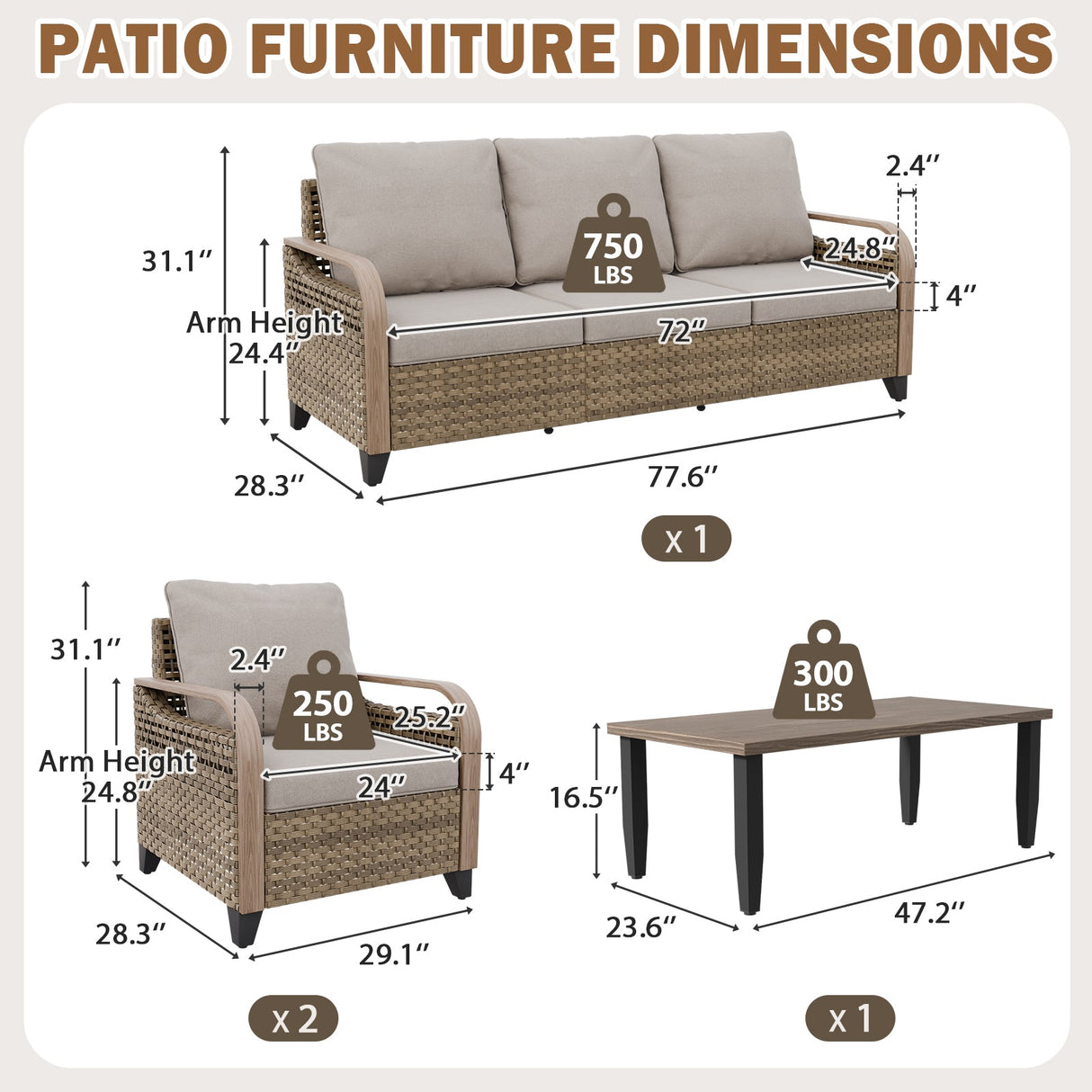 Modern Wicker Outdoor Patio Furniture Set,2 Patio Chairs, 3-Seat Loveseat and Coffee Table, 4 Pieces, Brown/Gray - Eagle Peak®