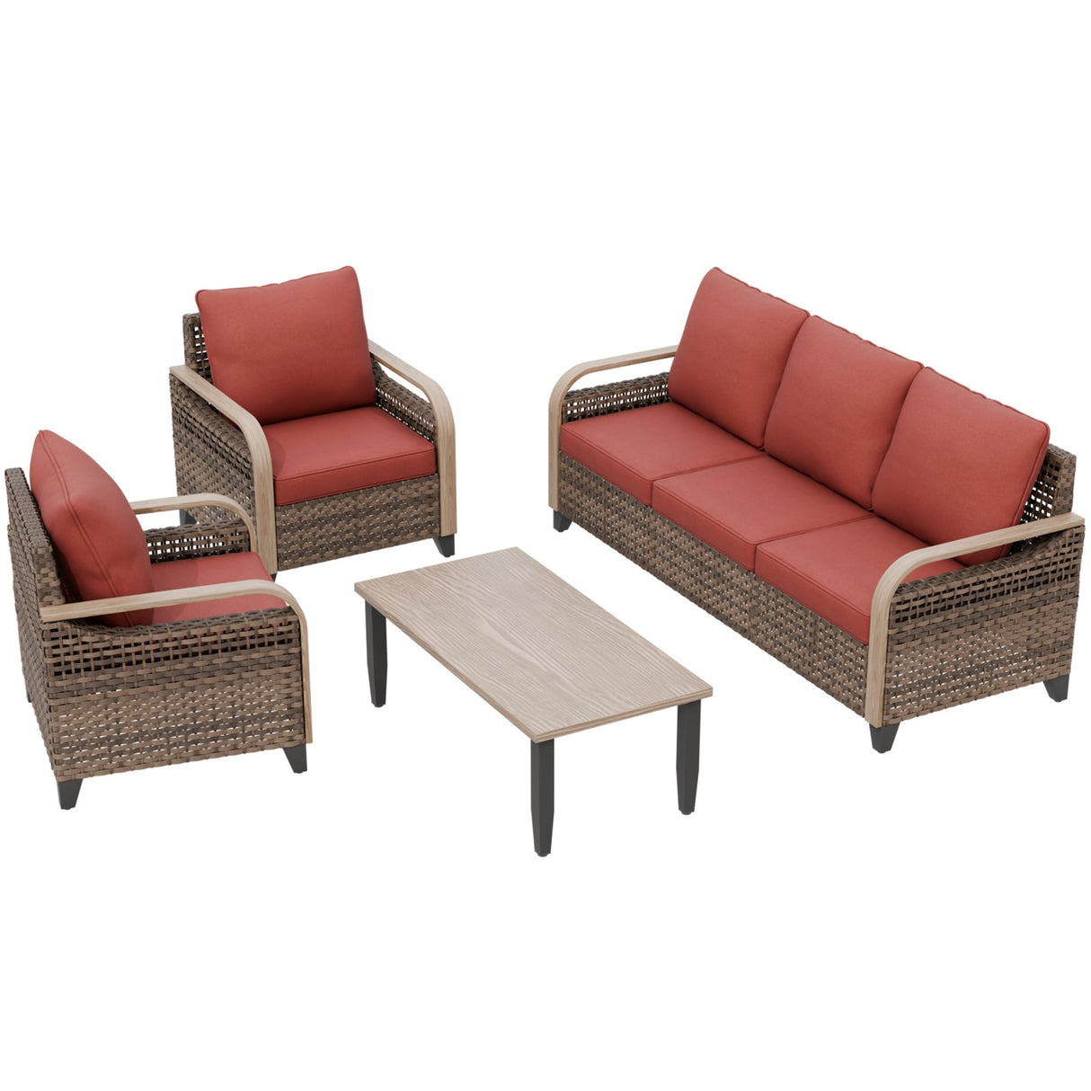 Modern Wicker Outdoor Patio Furniture Set,2 Patio Chairs, 3-Seat Loveseat and Coffee Table, 4 Pieces, Brown/Gray - Eagle Peak®
