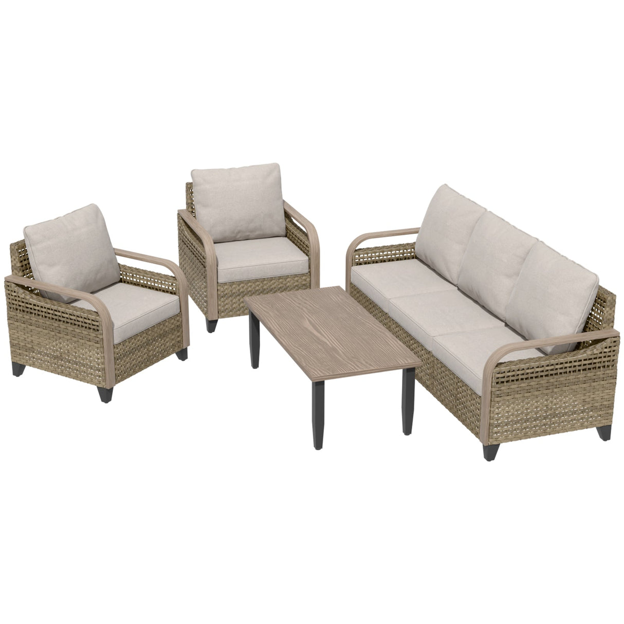 Modern Wicker Outdoor Patio Furniture Set,2 Patio Chairs, 3-Seat Loveseat and Coffee Table, 4 Pieces, Brown/Gray - Eagle Peak®