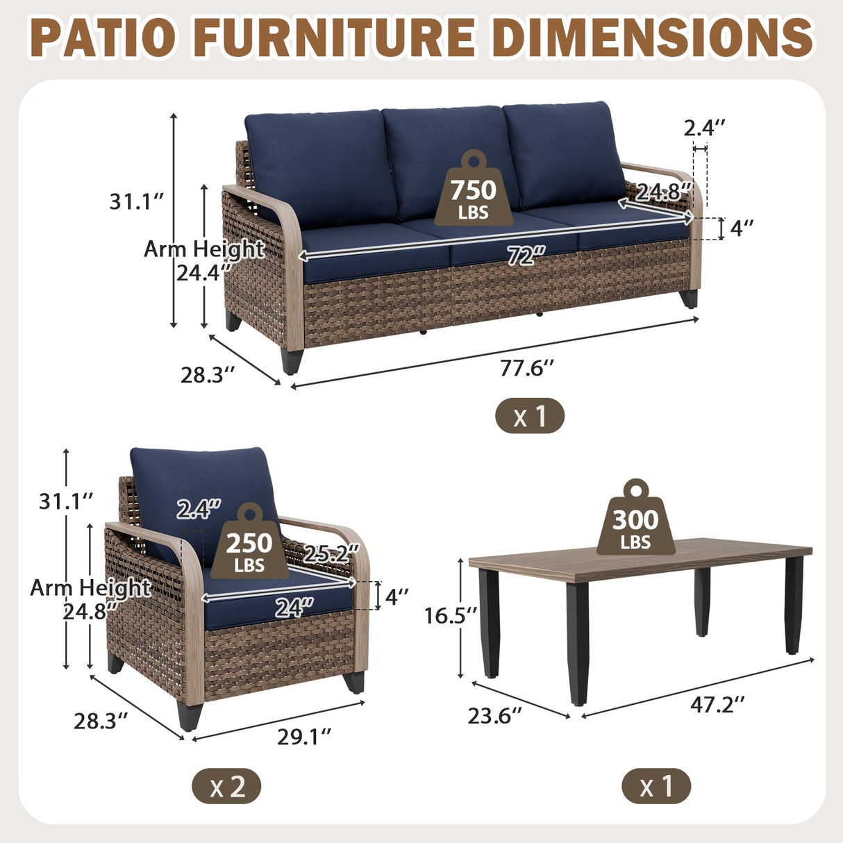 Modern Wicker Outdoor Patio Furniture Set,2 Patio Chairs, 3-Seat Loveseat and Coffee Table, 4 Pieces, Brown/Gray - Eagle Peak®