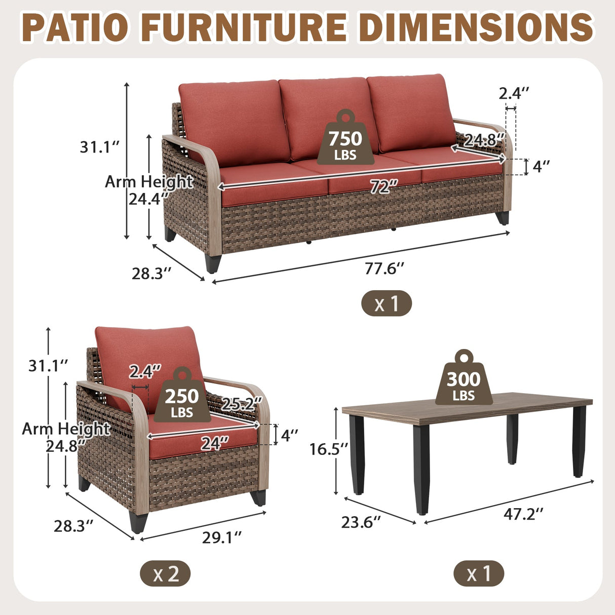 Modern Wicker Outdoor Patio Furniture Set,2 Patio Chairs, 3-Seat Loveseat and Coffee Table, 4 Pieces, Brown/Gray - Eagle Peak®