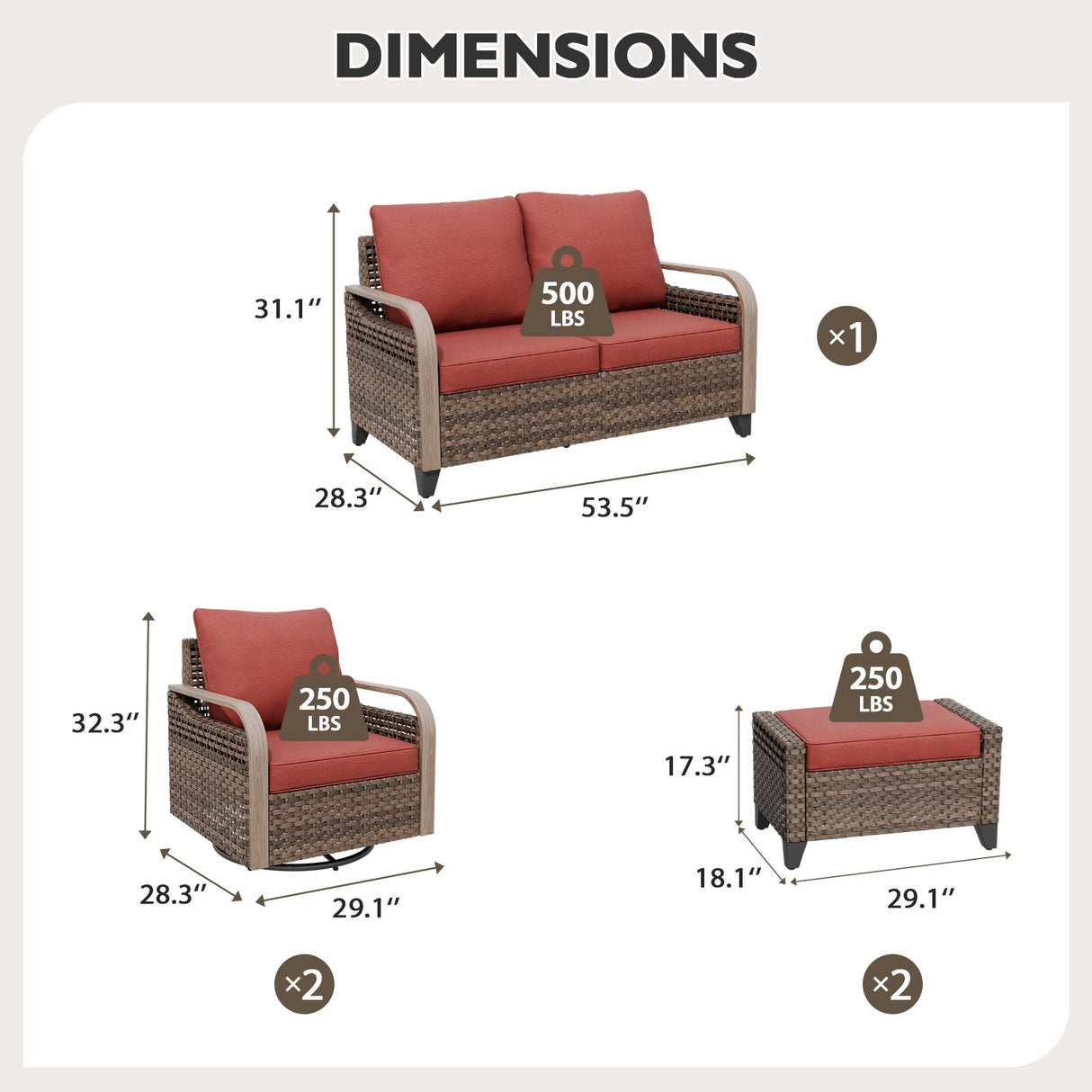 Modern Wicker Outdoor Patio Furniture Set,2 Swivel Rocking Chairs, 2 - Seat Loveseat and 2 Ottomans, 5 Pieces, Brown/Gray - Eagle Peak Custom Canopy Tent