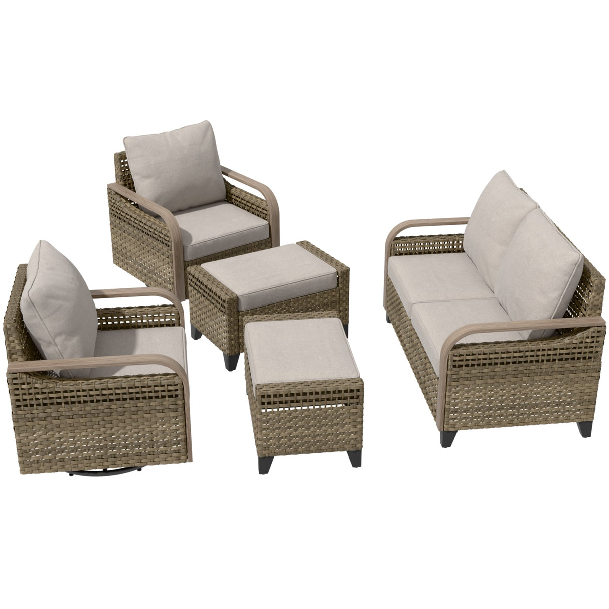Modern Wicker Outdoor Patio Furniture Set,2 Swivel Rocking Chairs, 2 - Seat Loveseat and 2 Ottomans, 5 Pieces, Brown/Gray - Eagle Peak Custom Canopy Tent
