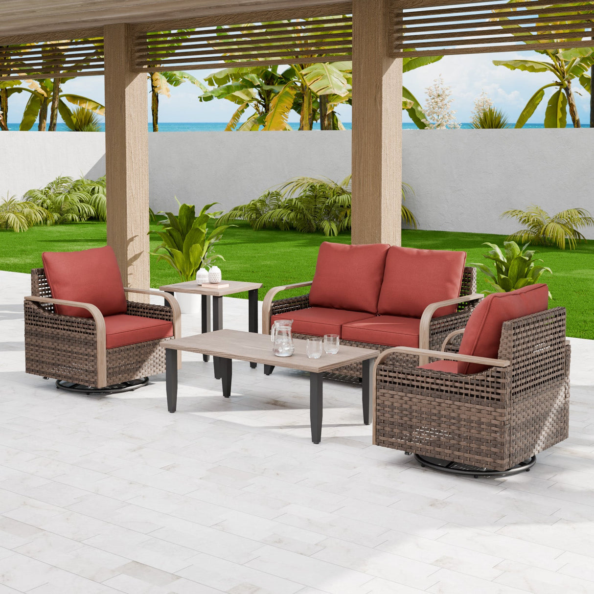 Modern Wicker Outdoor Patio Furniture Set,2 Swivel Rocking Chairs, 2 - Seat Loveseat, Coffee Table and Side Table, 5 Pieces, Brown/Gray - Eagle Peak Custom Canopy Tent