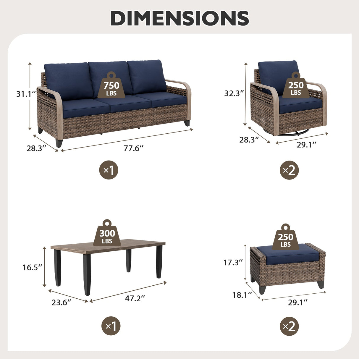 Modern Wicker Outdoor Patio Furniture Set,2 Swivel Rocking Chairs, 3 - Seat Loveseat, 2 Ottomans and Coffee Table, 6 Pieces, Brown/Gray - Eagle Peak Custom Canopy Tent