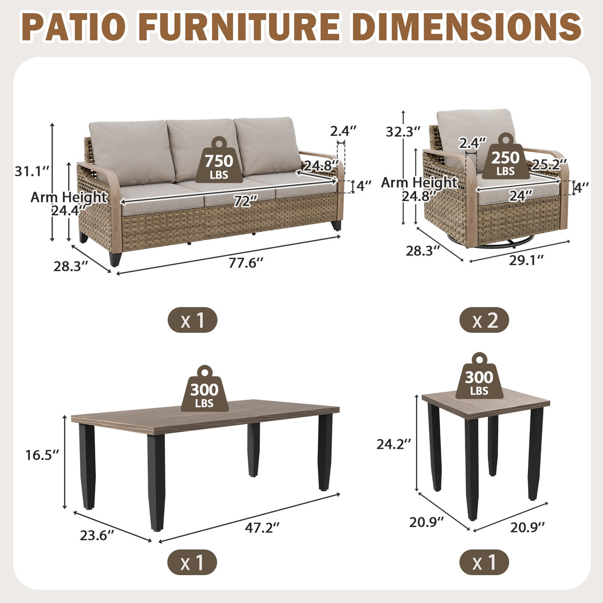 Modern Wicker Outdoor Patio Furniture Set,2 Swivel Rocking Chairs, 3-Seat Loveseat, 2 Ottomans and Coffee Table, 6 Pieces, Brown/Gray - Eagle Peak®