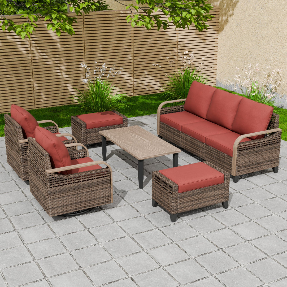 Modern Wicker Outdoor Patio Furniture Set,2 Swivel Rocking Chairs, 3 - Seat Loveseat, 2 Ottomans and Coffee Table, 6 Pieces, Brown/Gray - Eagle Peak Custom Canopy Tent