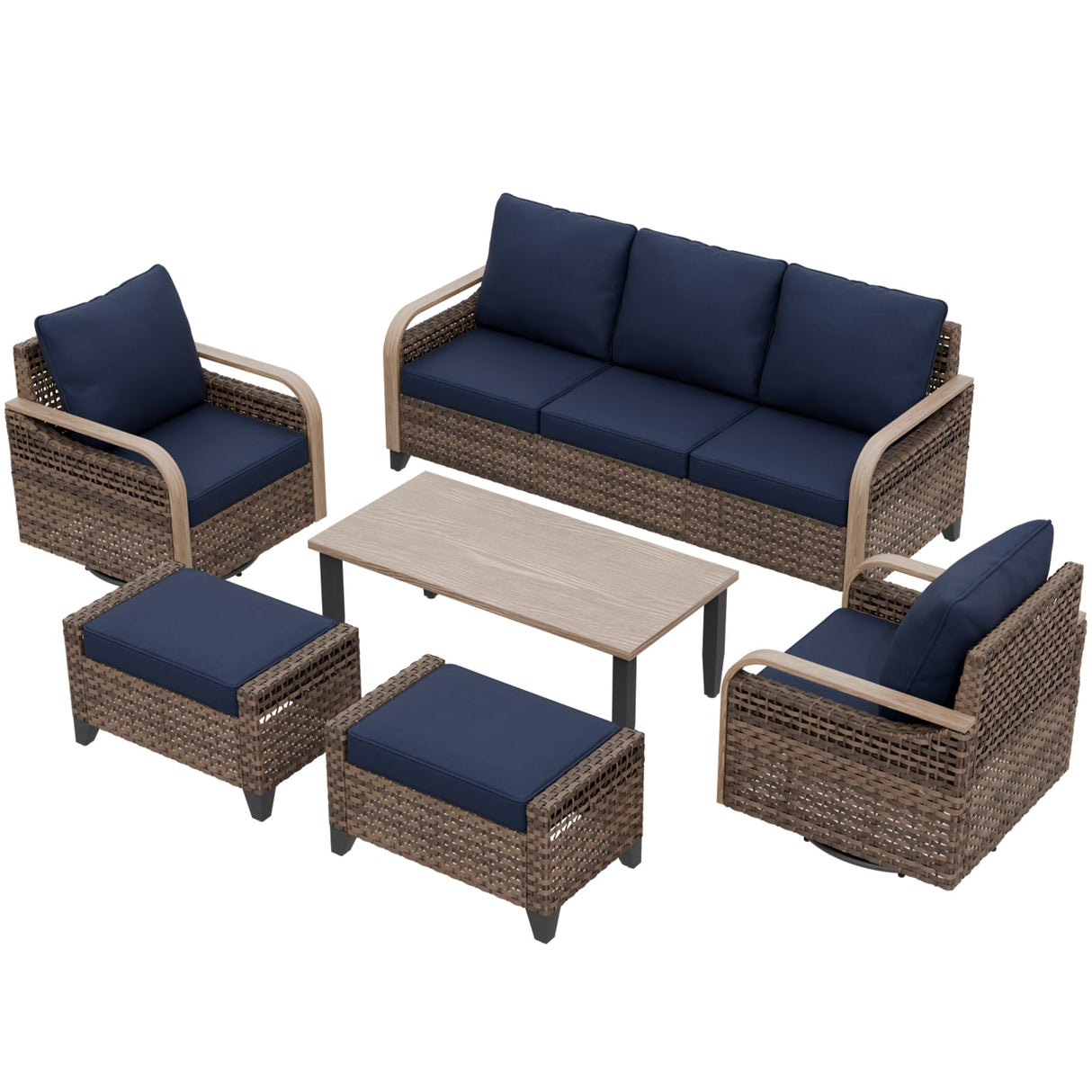 Modern Wicker Outdoor Patio Furniture Set,2 Swivel Rocking Chairs, 3 - Seat Loveseat, 2 Ottomans and Coffee Table, 6 Pieces, Brown/Gray - Eagle Peak Custom Canopy Tent