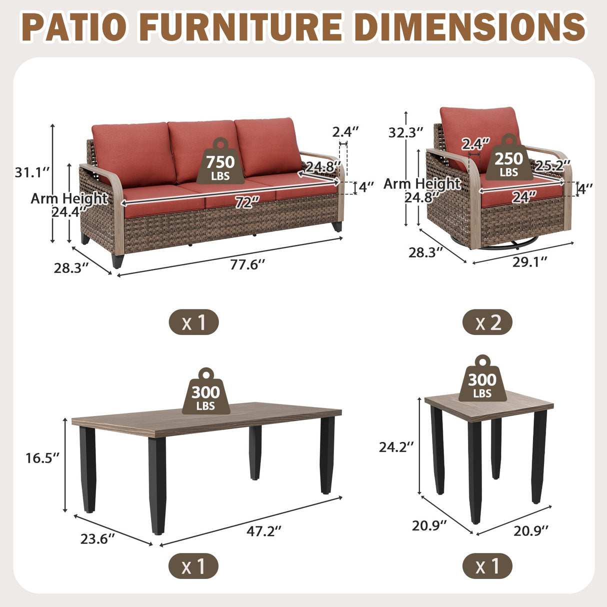 Modern Wicker Outdoor Patio Furniture Set,2 Swivel Rocking Chairs, 3-Seat Loveseat, 2 Ottomans and Coffee Table, 6 Pieces, Brown/Gray - Eagle Peak®