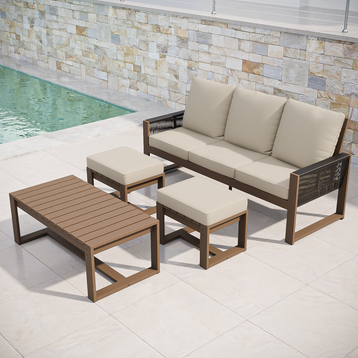 Natural Wood Furniture Set, Sofa, 2 Ottomans and Coffee Table, 4 Pieces - Eagle Peak Custom Canopy Tent