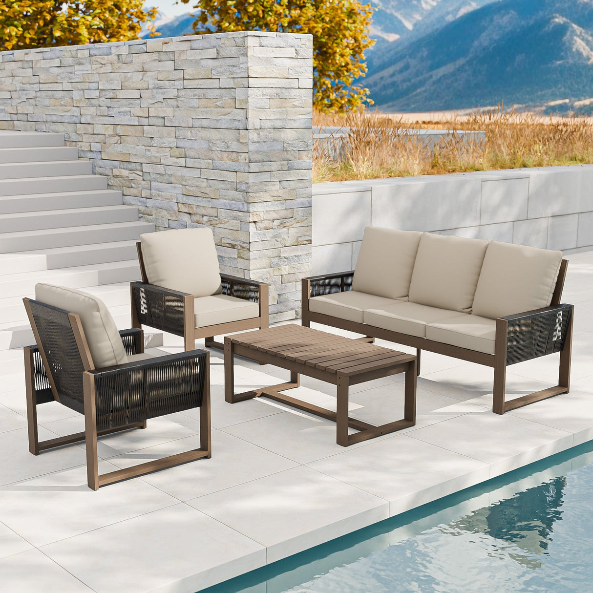 Natural Wood Outdoor Patio Furniture Set, Sofa 2 Chairs and Coffee Table, 4 Pieces - Eagle Peak Custom Canopy Tent