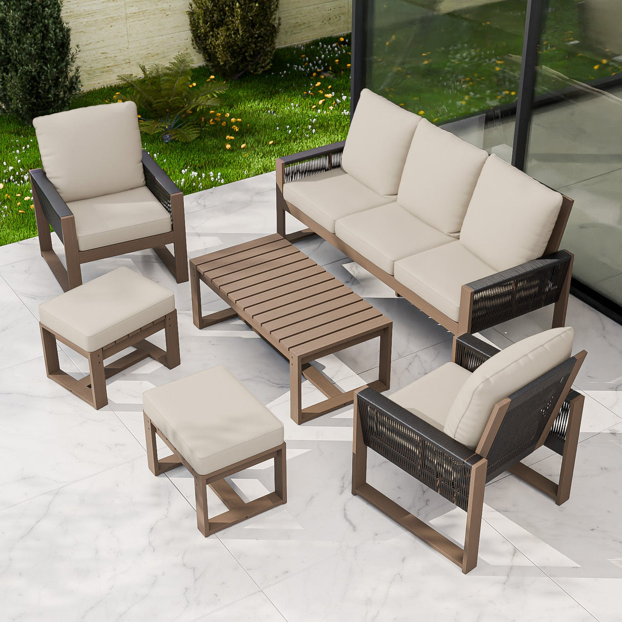 Natural Wood Outdoor Patio Furniture, Sofa 2 Patio Chairs 2 Ottomans and Coffee Table, 6 pcs - Eagle Peak Custom Canopy Tent