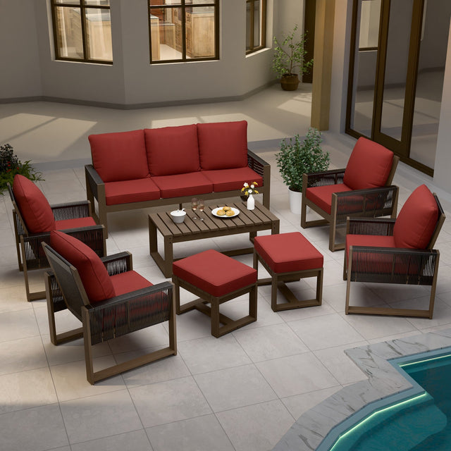 Natural Wood Outdoor Patio Furniture, Sofa 4 Patio Chairs 2 Ottomans and Coffee Table, 8 pcs - Eagle Peak Custom Canopy Tent