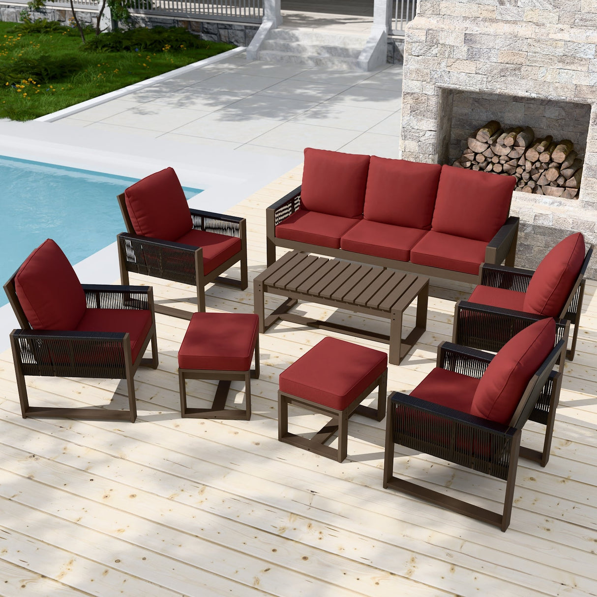 Natural Wood Outdoor Patio Furniture, Sofa 4 Patio Chairs 2 Ottomans and Coffee Table, 8 pcs - Eagle Peak Custom Canopy Tent