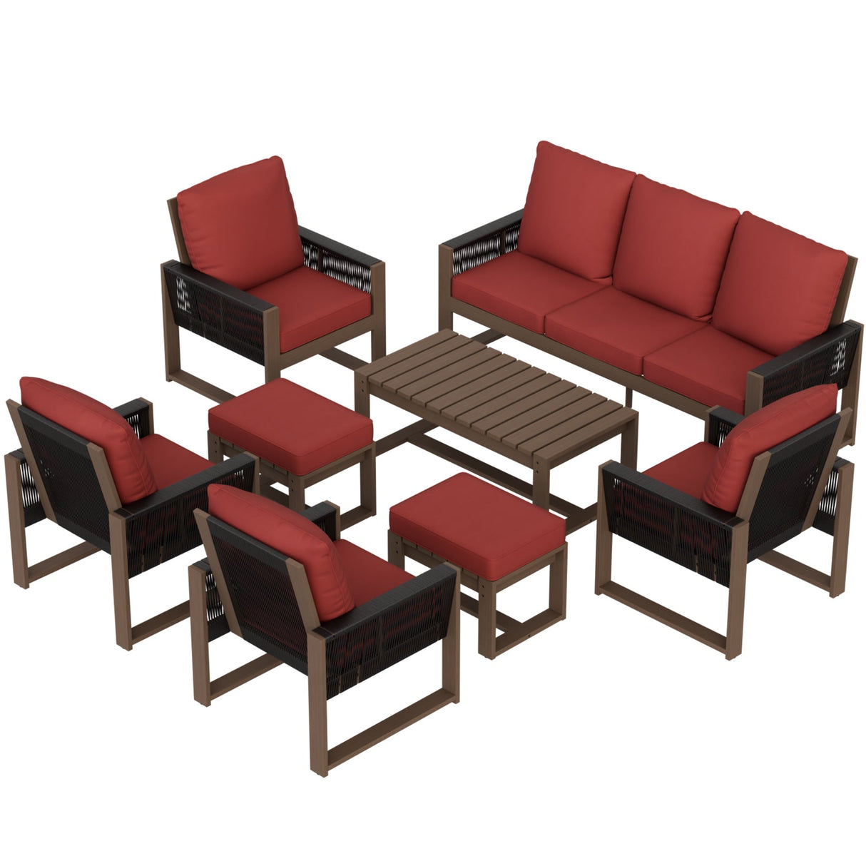 Natural Wood Outdoor Patio Furniture, Sofa 4 Patio Chairs 2 Ottomans and Coffee Table, 8 pcs - Eagle Peak Custom Canopy Tent