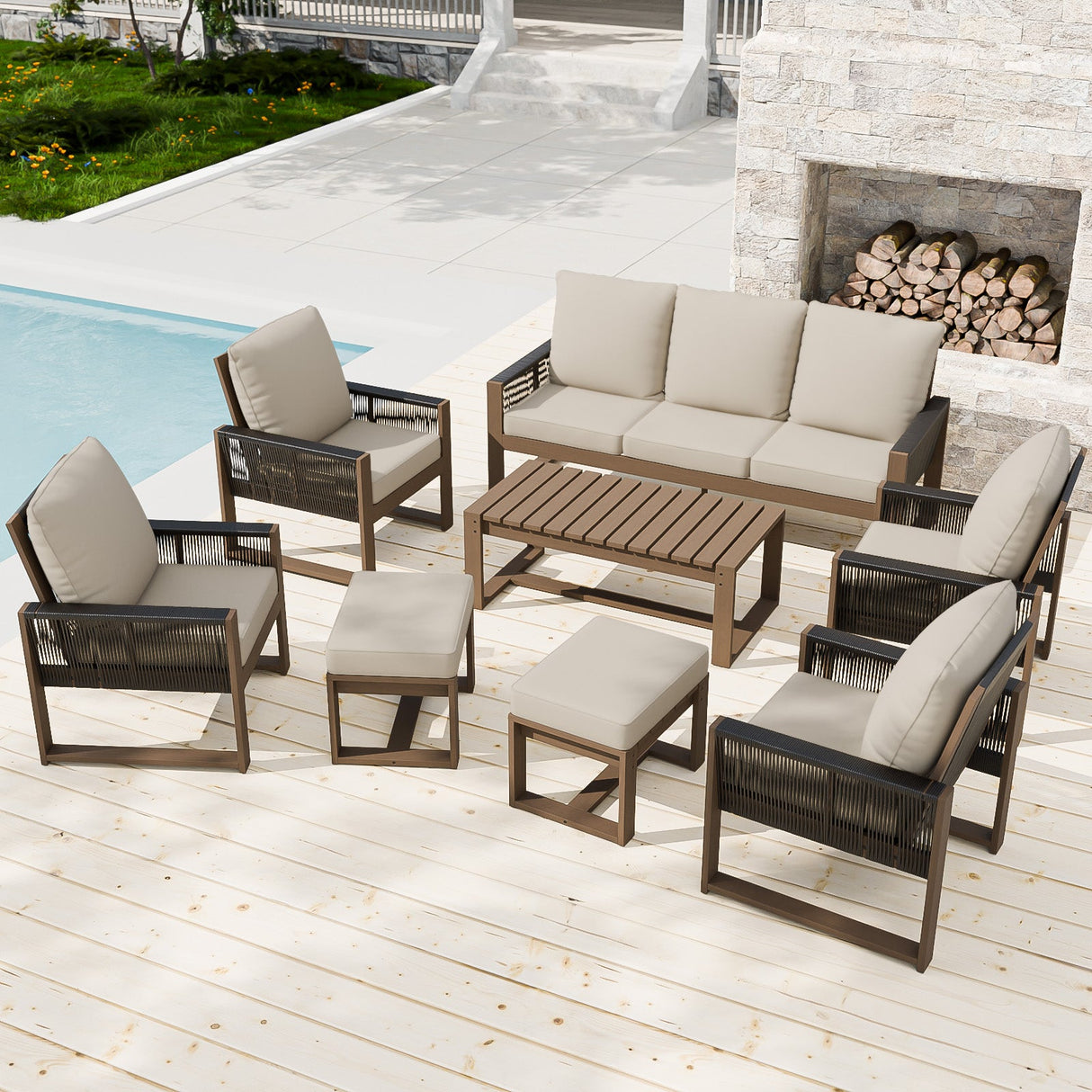 Natural Wood Outdoor Patio Furniture, Sofa 4 Patio Chairs 2 Ottomans and Coffee Table, 8 pcs - Eagle Peak Custom Canopy Tent