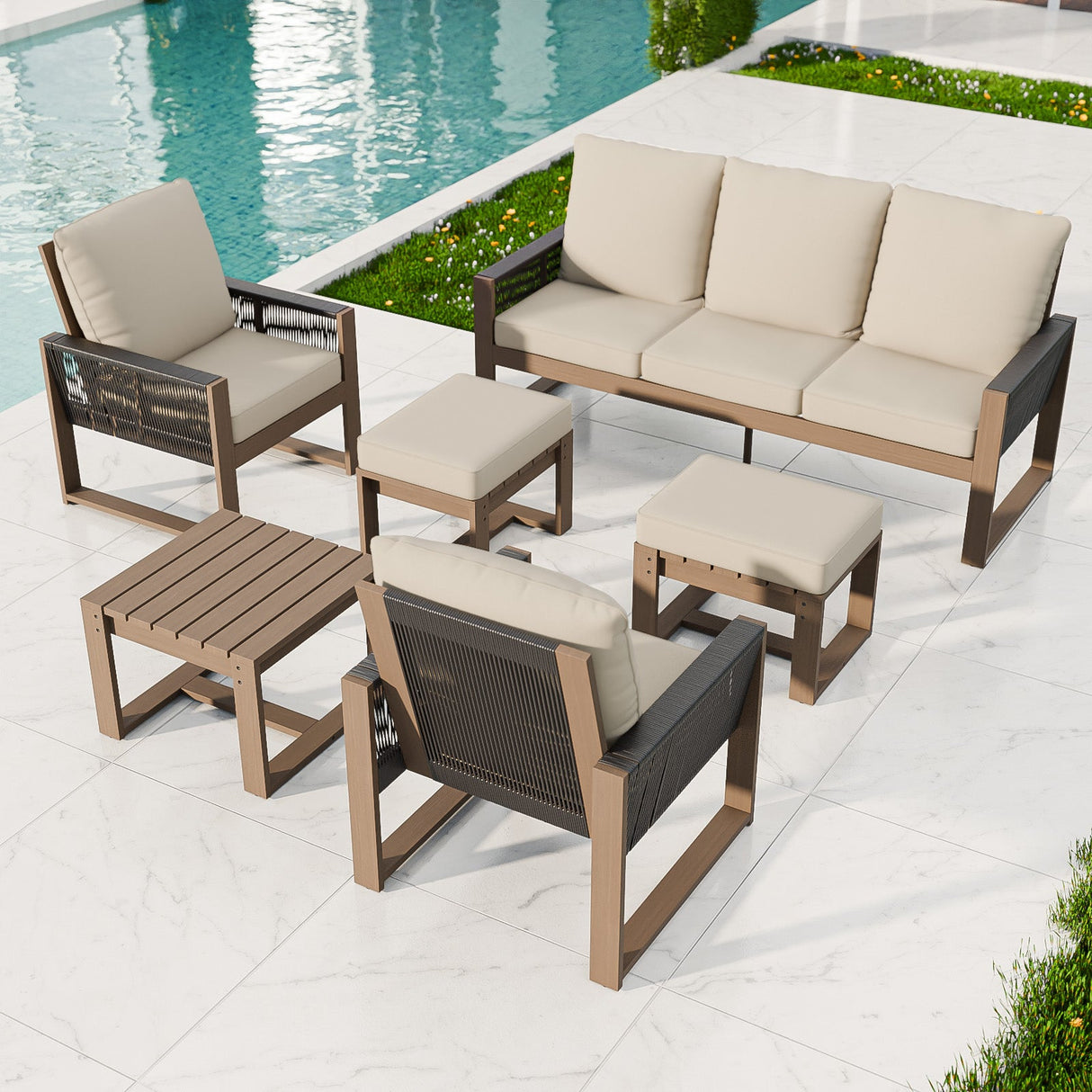Natural Wood Outdoor Patio Furniture,Sofa 2 Patio Chairs 2 Ottomans and Side Table, 6 pcs - Eagle Peak Custom Canopy Tent