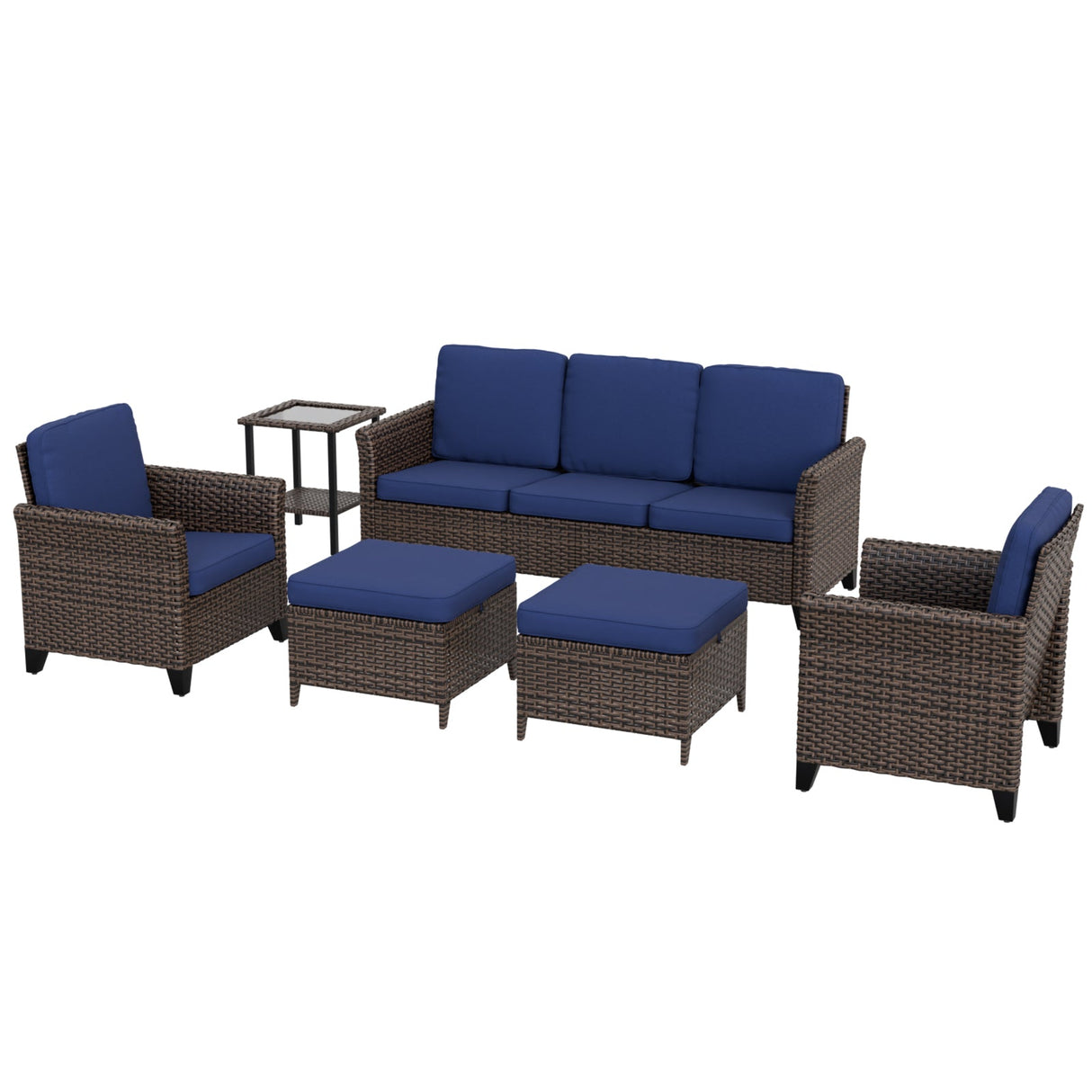 Ocean Vista Wicker Outdoor Patio Furniture Set, Couch Chairs Ottomans Table, 6 Piece, Beige/Blue - Eagle Peak Custom Canopy & Greenhouse