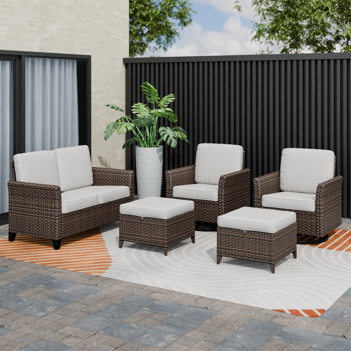 Ocean Vista Wicker Outdoor Patio Furniture Set w/ Loveseat,Patio Chairs , 5 Piece - Eagle Peak