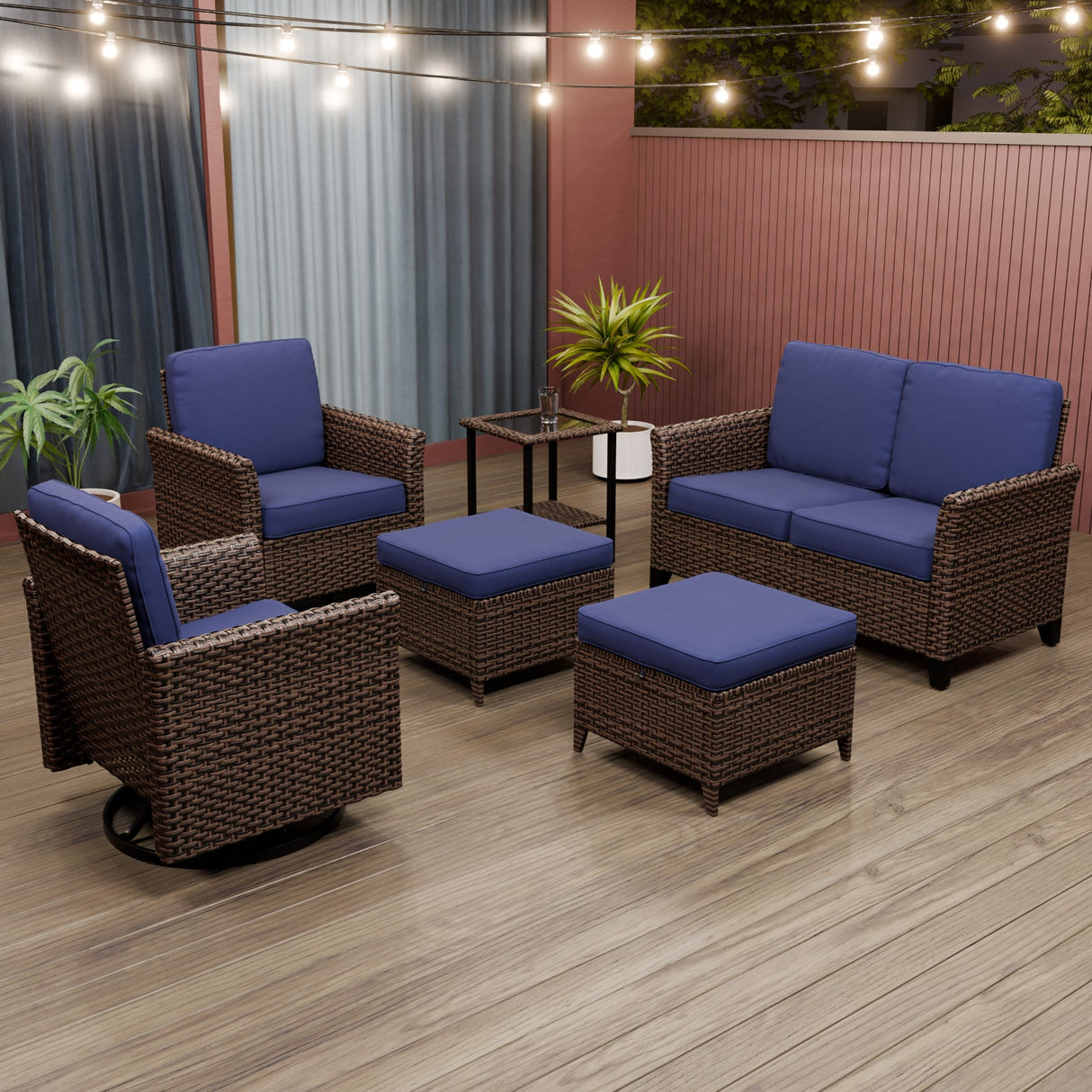 Ocean Vista Wicker Outdoor Patio Furniture Set w/Swivel Rocking Chairs , 6 Piece - Eagle Peak
