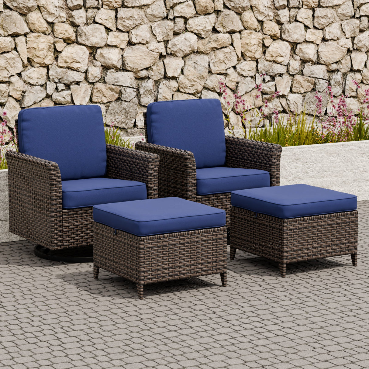 Ocean Vista Wicker Outdoor Patio Seating Set w/ Swivel Rocking Chairs, 4 Pieces - Eagle Peak