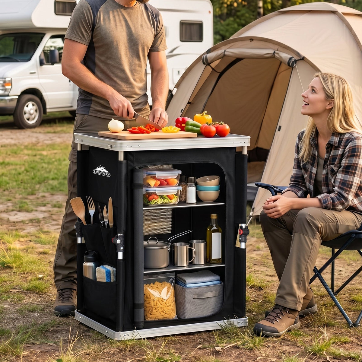 Outdoor Camping Pop Up Folding Table with Large 3-Tier Storage Organizer and Side Pockets - Eagle Peak®