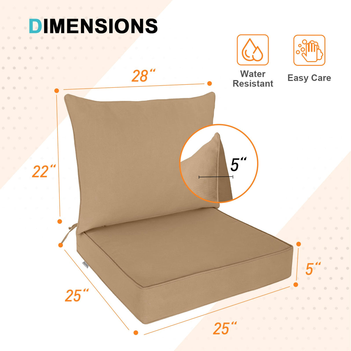 Outdoor Deep Seat Patio Seat Cushion Set, 25x25x5 inch, 2 - Piece Back Chair Cushion - Eagle Peak Custom Canopy Tent