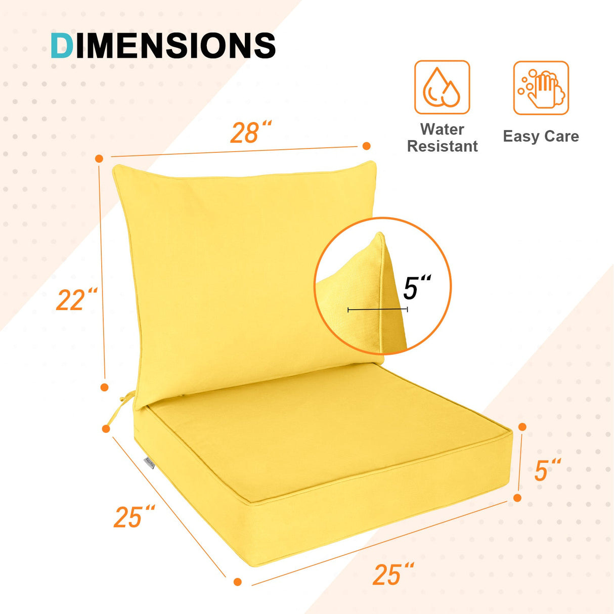Outdoor Deep Seat Patio Seat Cushion Set, 25x25x5 inch, 2 - Piece Back Chair Cushion - Eagle Peak Custom Canopy Tent