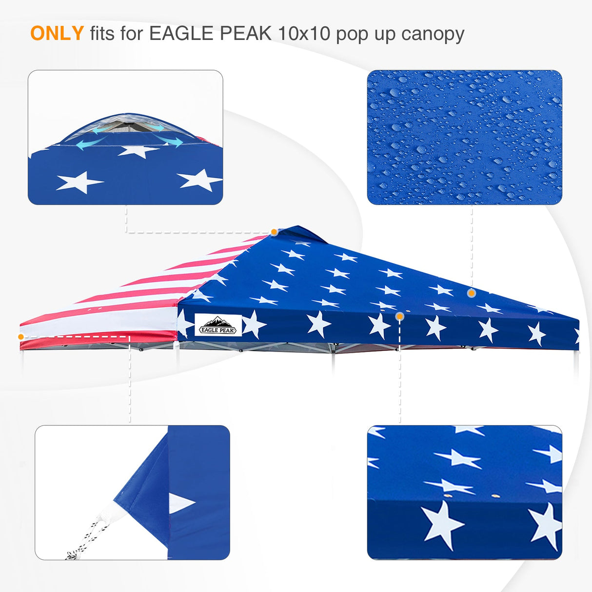 Replacement Canopy Cover with Air Vent for 10x10 Pop Up Canopy Tent, Top Only - Eagle Peak Custom Canopy Tent