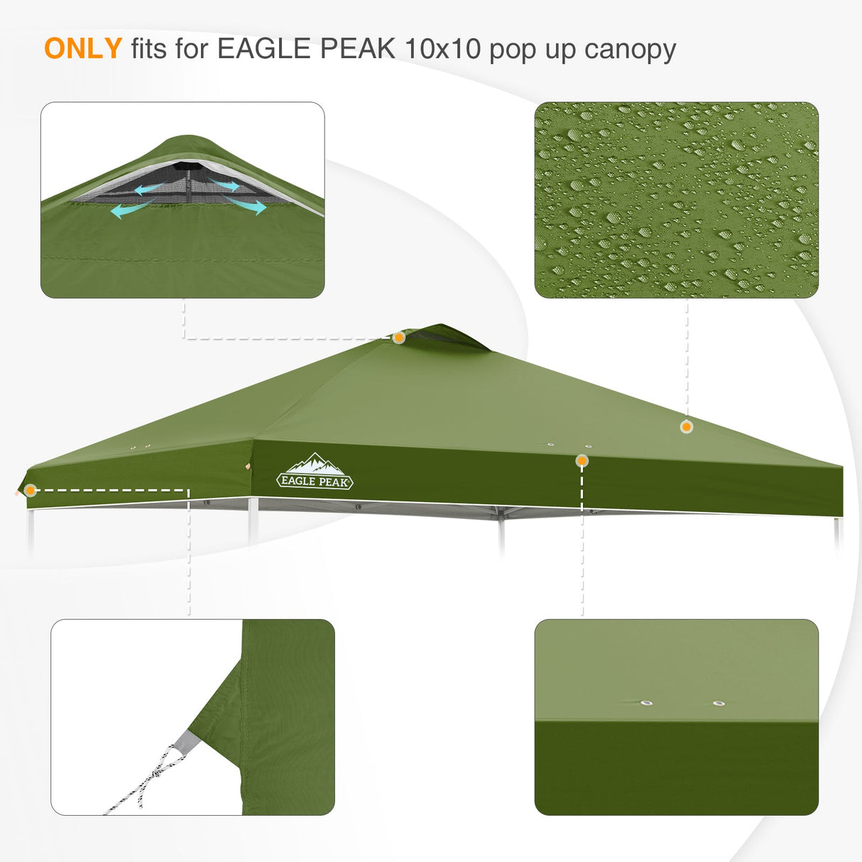 Replacement Canopy Cover with Air Vent for 10x10 Pop Up Canopy Tent, Top Only - Eagle Peak Custom Canopy Tent