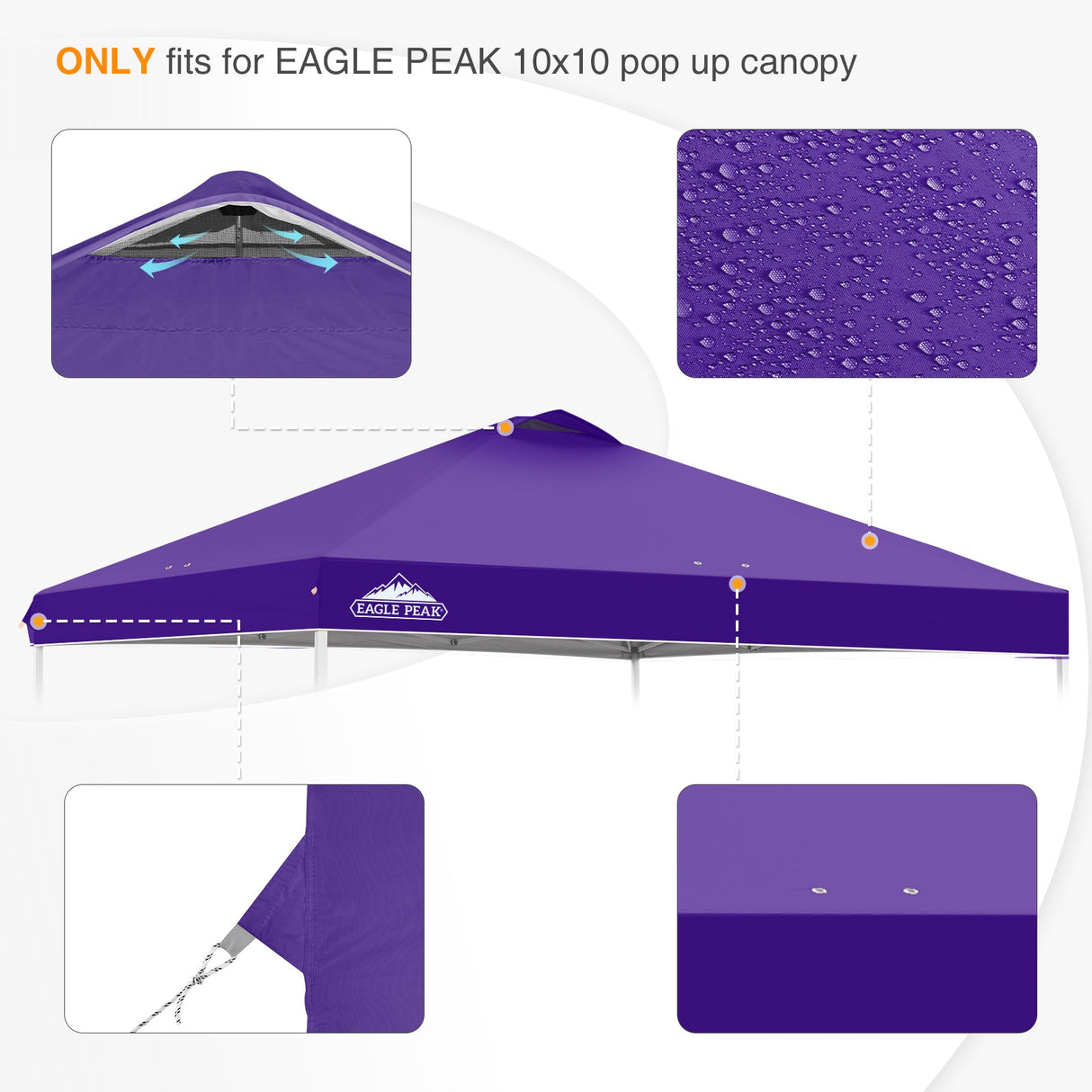 Replacement Canopy Cover with Air Vent for 10x10 Pop Up Canopy Tent, Top Only - Eagle Peak Custom Canopy Tent