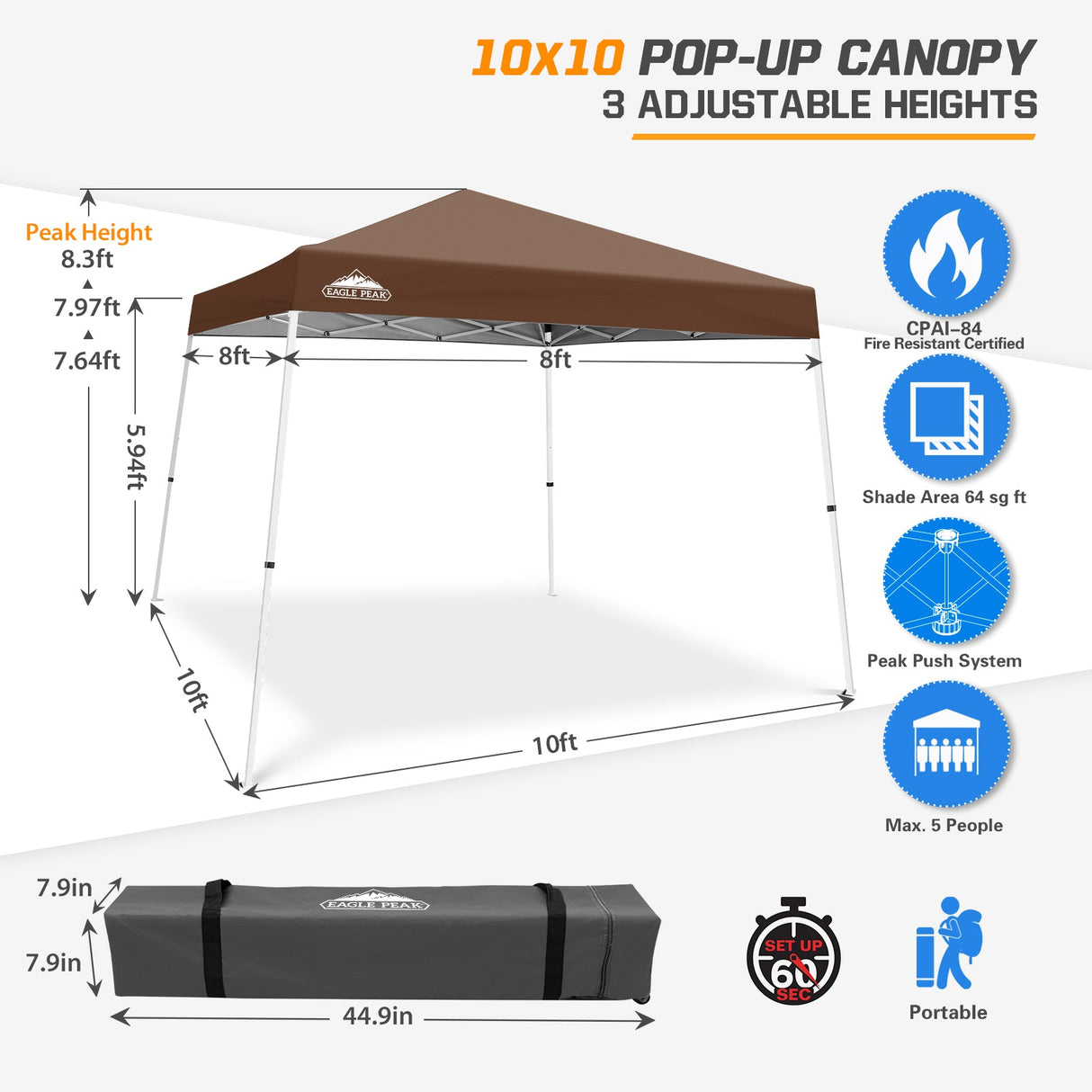 Slant Leg Pop up Canopy Tent, 10x10 Base 8x8 Top - Eagle Peak®