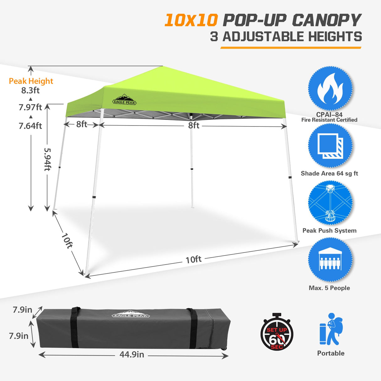 Slant Leg Pop up Canopy Tent, 10x10 Base 8x8 Top - Eagle Peak Custom Canopy Tent