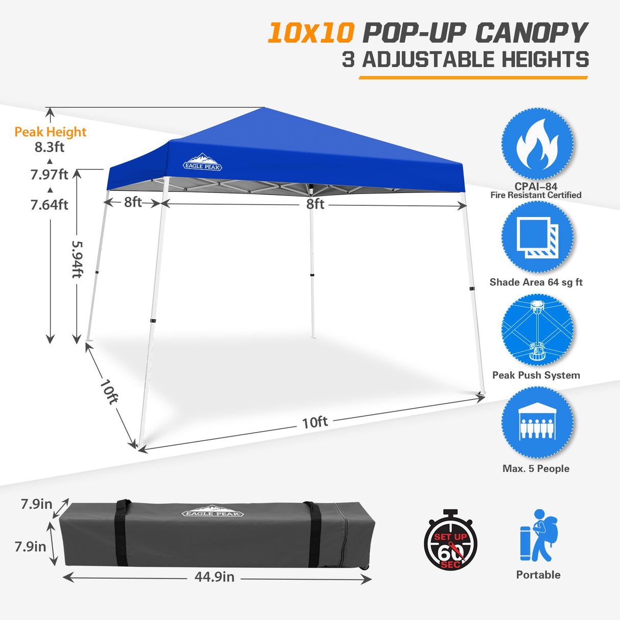 Slant Leg Pop up Canopy Tent, 10x10 Base 8x8 Top - Eagle Peak Custom Canopy Tent