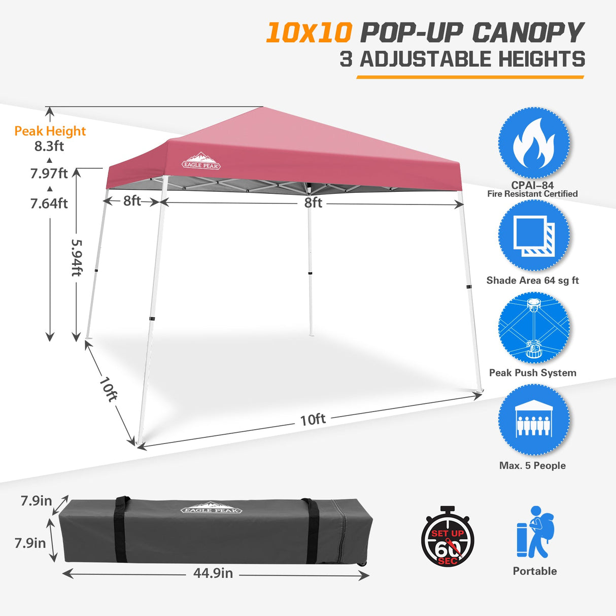 Slant Leg Pop up Canopy Tent, 10x10 Base 8x8 Top - Eagle Peak Custom Canopy Tent
