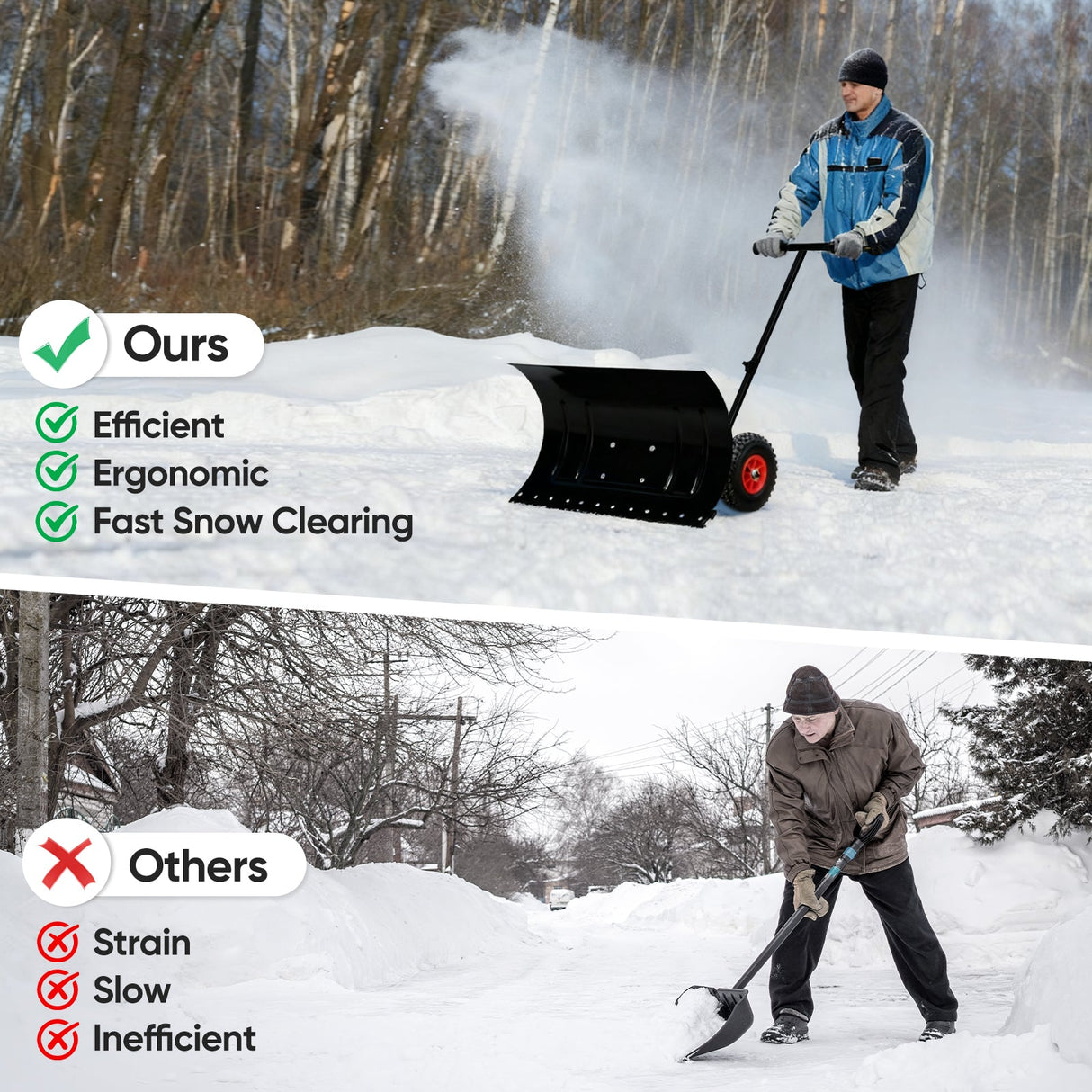 Wheeled Snow Shovel for Driveway 29”x16.5” Blade, Single/Dual Rod - Eagle Peak Custom Canopy Tent
